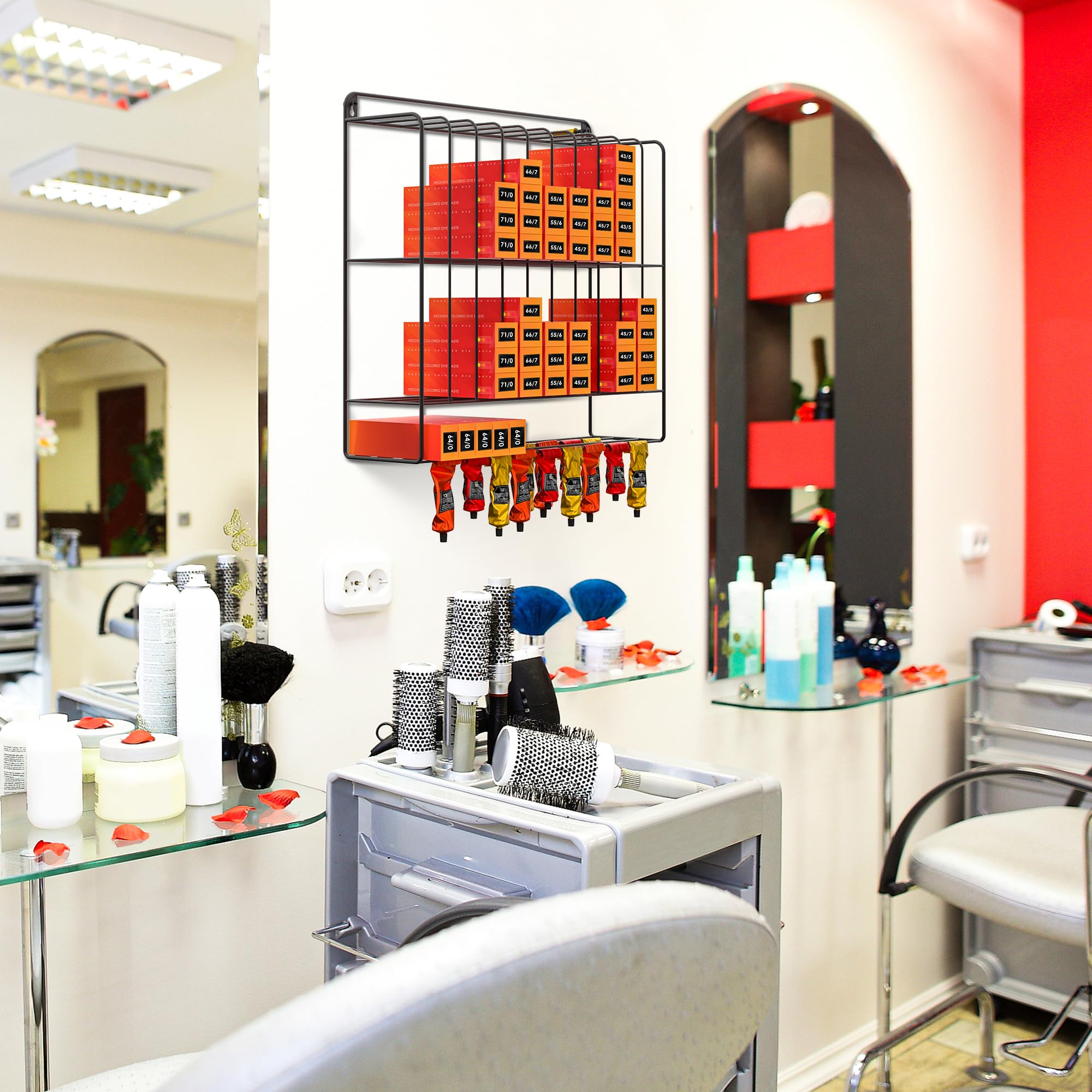 Haarfarbe Organizer Groß Haarfarbe Organizer 2 Ebenen Metall Aufbewahrung Farbregal für Friseursalon Wandhalter Friseur Salon Schwarz