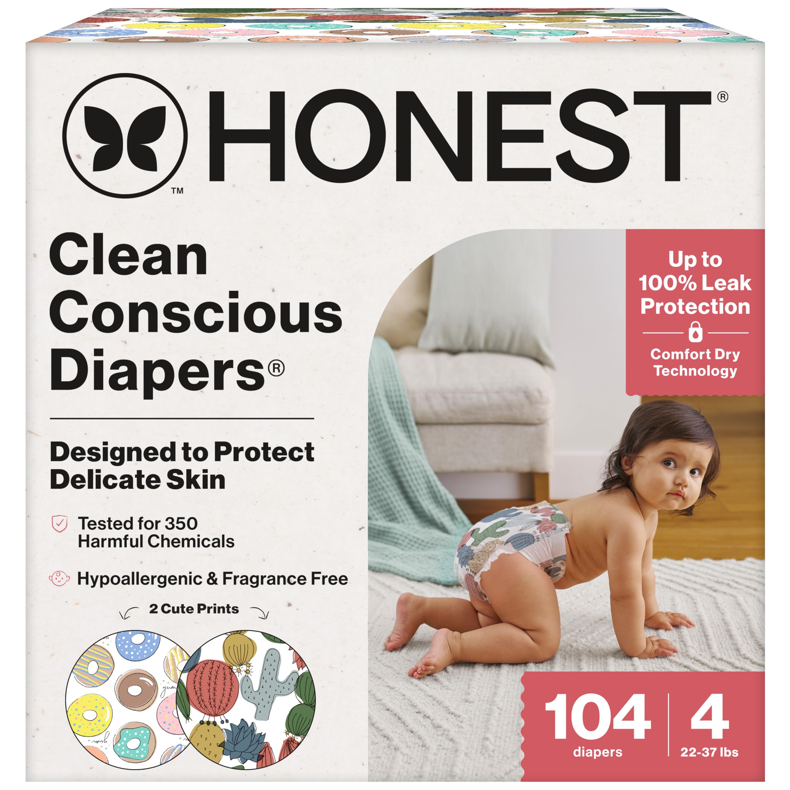The Honest Company Clean Conscious Diapers for Sensitive Skin | Hypoallergenic, Fragrance Free | Gender Neutral Prints | Super Club Box, Size 4 (22-37 lbs), 104 Count