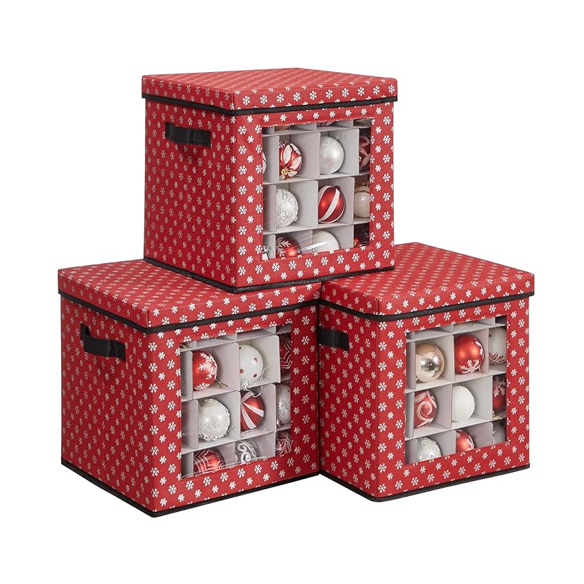 SONGMICS Set di 3 Contenitori per Palline di Natale, Scatole per Decorazioni Natalizie, 64 Posti a Scatola, Divisori Componibili, 30,5 x 30,5 x 30,5 cm, Rosso RFB029R01