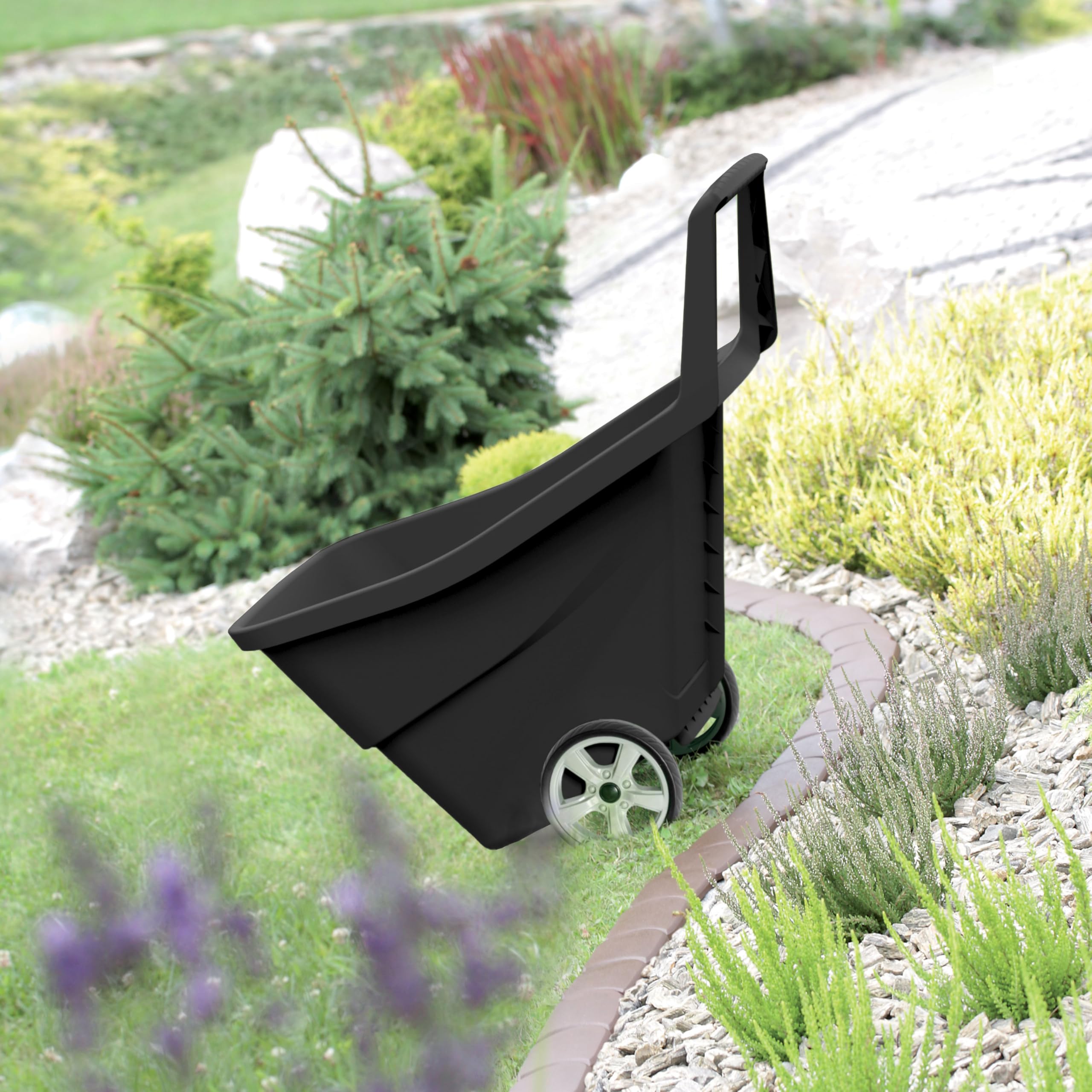Load&Go Gartenschubkarre | Fassungsvermögen 95 Liter | 57 x 84 x 92,5 cm | aus Kunststoff | schwarz | zwei verstärkte Räder aus Gummi | für Transport von Materialien und Wartungsarbeiten | leichte und
