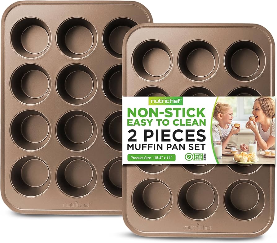 NutriChef 2-Piece Nonstick Muffin Pan Set - Carbon Steel Cupcake Baking Pans with 12 Cups - 15 inch x 11 inch Baking Tray Set - Gold