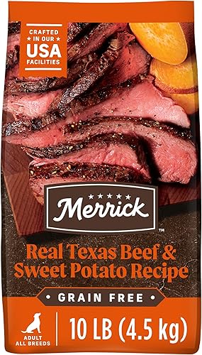 Merrick - Alimento seco para perros, receta de carne de res de Texas real y batata libre de granos, 10 libras, en bolsa