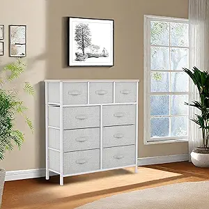 GOOBED 9 Drawer Dresser, Light Gray Fabric Storage Tower, Tall Organizer Unit for Room, Living Room, Hallway, Closets - Sturdy Steel Frame, Wooden Top & Easy Pull Bins