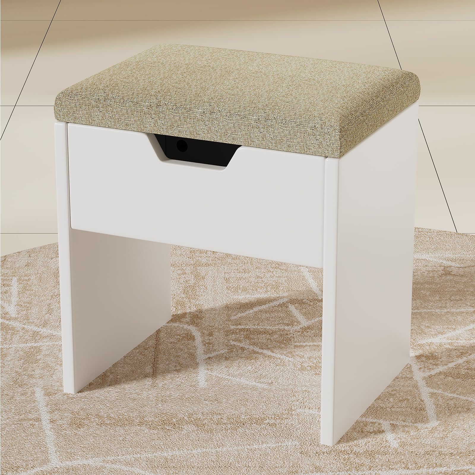TRIUMPHKEY Taburete de Tocador con Almacenaje, Taburetes de Maquillaje, Silla Tocador de Maquillaje para Dormitorio, Reposapiés con Almohadilla Taburete Tapizado Moderno, Blanco