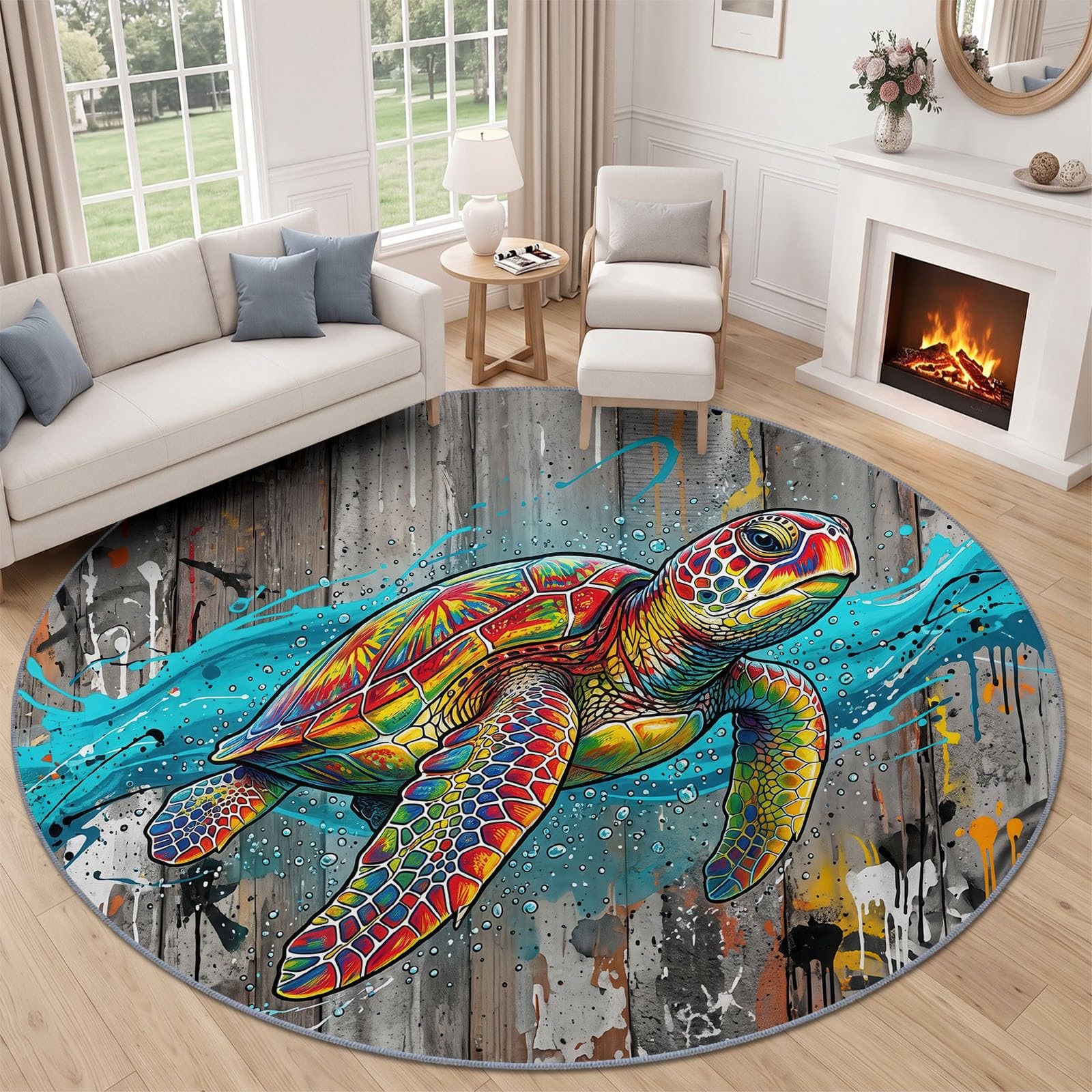 Générique Tapis Rond Gris 100 cm Antidérapant, Colorée Tortue De Mer Animal Marin Tapis de Salon Rond à Poils Courts Lavable en Machine, pour Chambre Cuisine et Chambre d'enfant