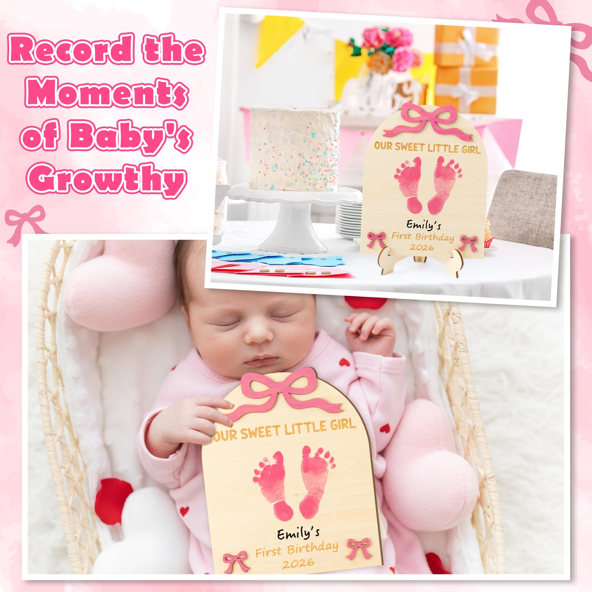 R HORSE 3D Pink Bow Baby's First Birthday DIY Footprint or Handprint Art Sign, Our Sweet Little Girl Wooden Hanging Decoration, Newborn Keepsake Gift for Baby Girl 1st Birthday Baby Shower Photo Prop