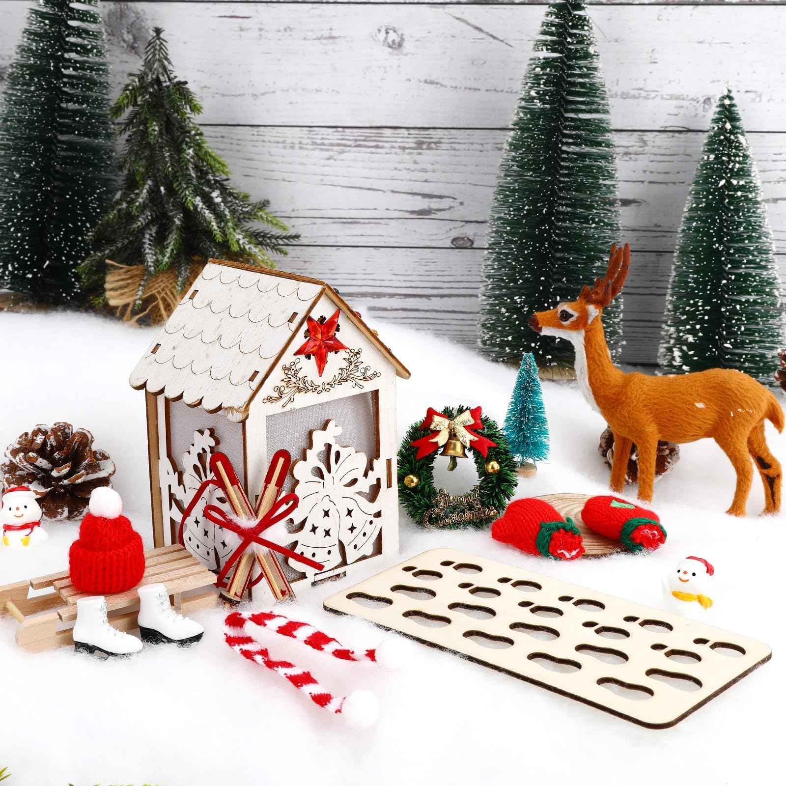MARFOREVER Miniature Christmas Sleigh Decoration Set, 10-Piece Accessories with Ski Boots, Snowflakes, Reindeer Tracks - Image 3