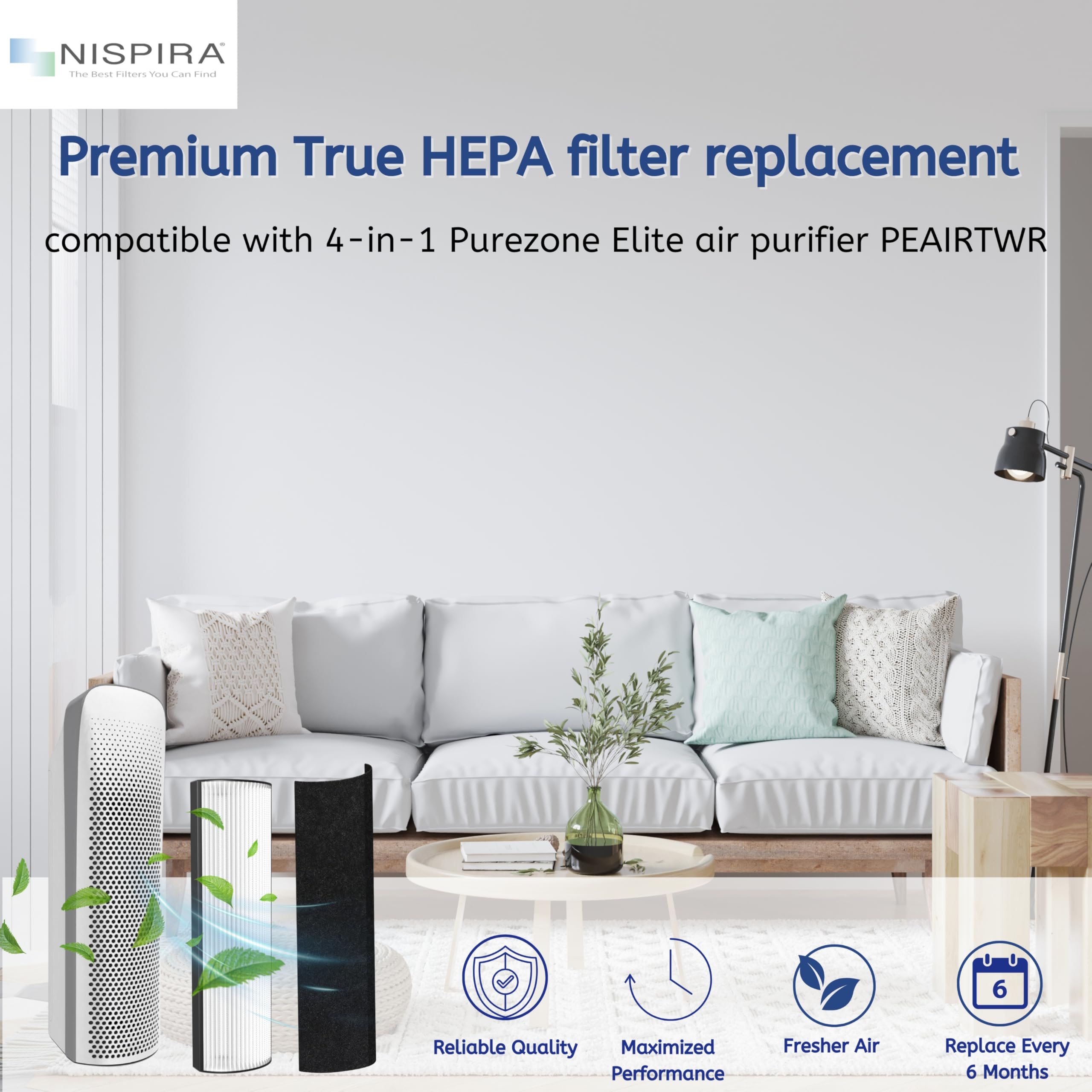 Nispira 2-in-1 True HEPA Replacement Filter PETWRFIL For Pure Enrichment PureZone Elite 4-IN-1 Tower Air Purifier PEAIRTWR. 2 Packs