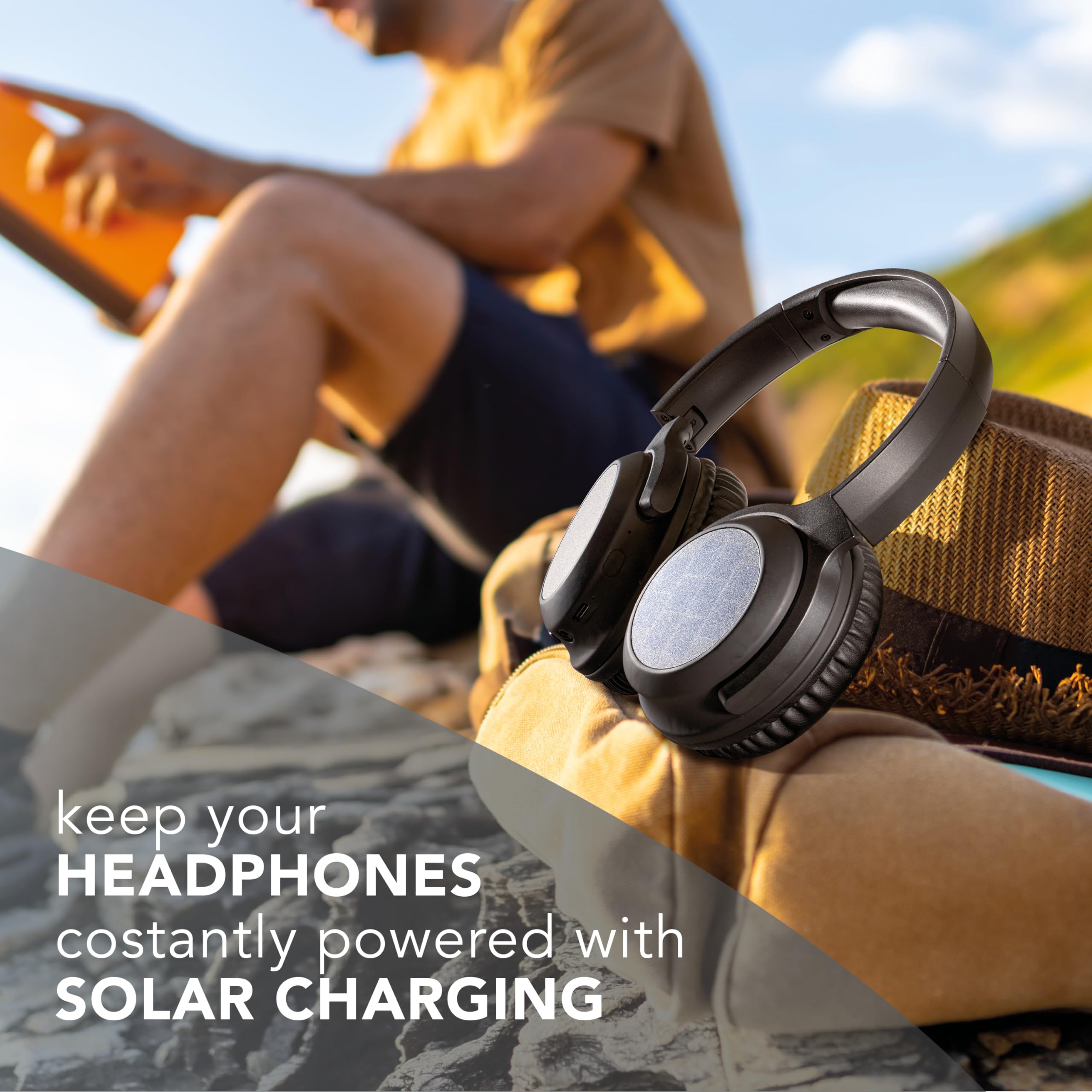 Music Sound - Sunbeat - Auriculares inalámbricos con Paneles solares - Tiempo de Juego 40 Horas - Diadema Suave Ajustable - Modo de Carga Dual: Cable USB-C o Paneles solares - Negro