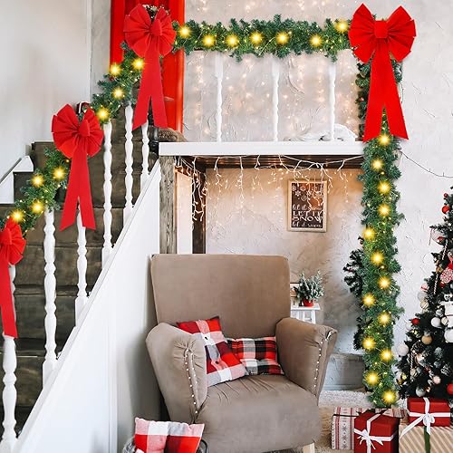 Miniatura 5 de 2 piezas de decoraciones de valla de Navidad de 9 pies en total de 18 pies con luz solar, guirnalda de Navidad al aire libre con 4 lazos rojos