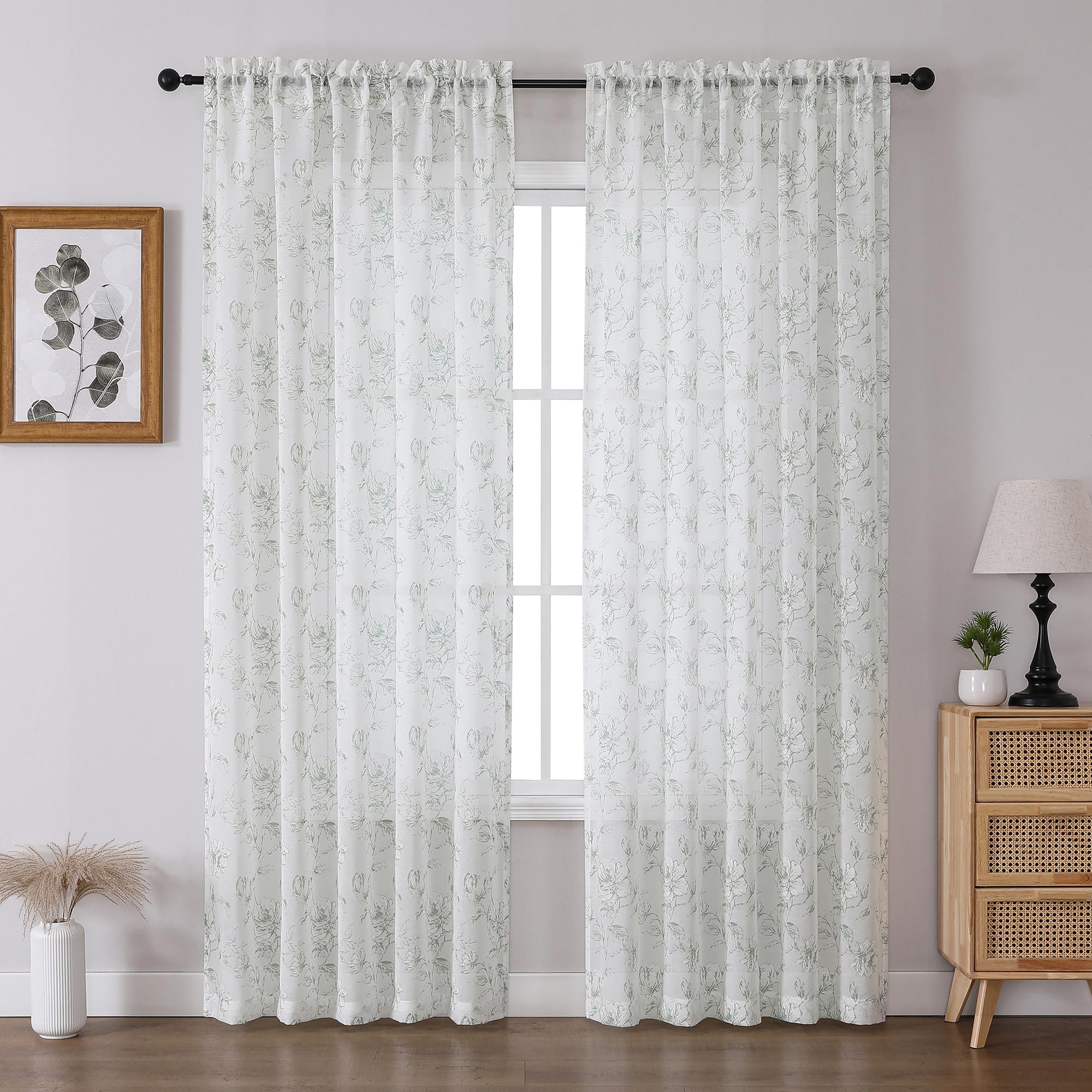 MISS SELECTEX Linen Look Curtains Sage Green Floral Curtains for Living Room 63 Inch Length Printed Curtains Rod Pocket Farmhouse Peony Flower Patterned Drapes Bedroom Window Curtain Set 2 Panels