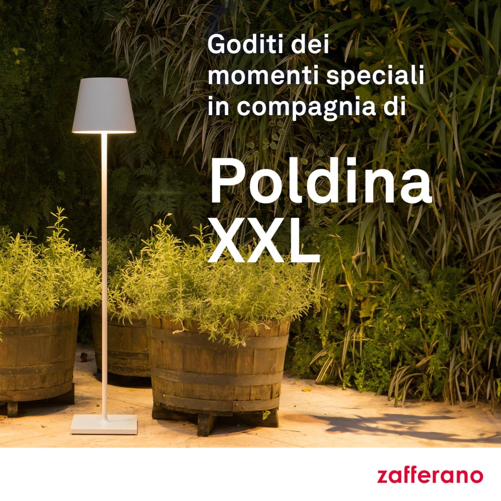Zafferano, Poldina XXL, Lampada da Terra Ricaricabile e Senza Fili con Controllo Touch, Adatta per Salotto ed Esterni, Dimmer, 2700-3000 K, Altezza Regolabile 69-150 cm, Colore Bianco
