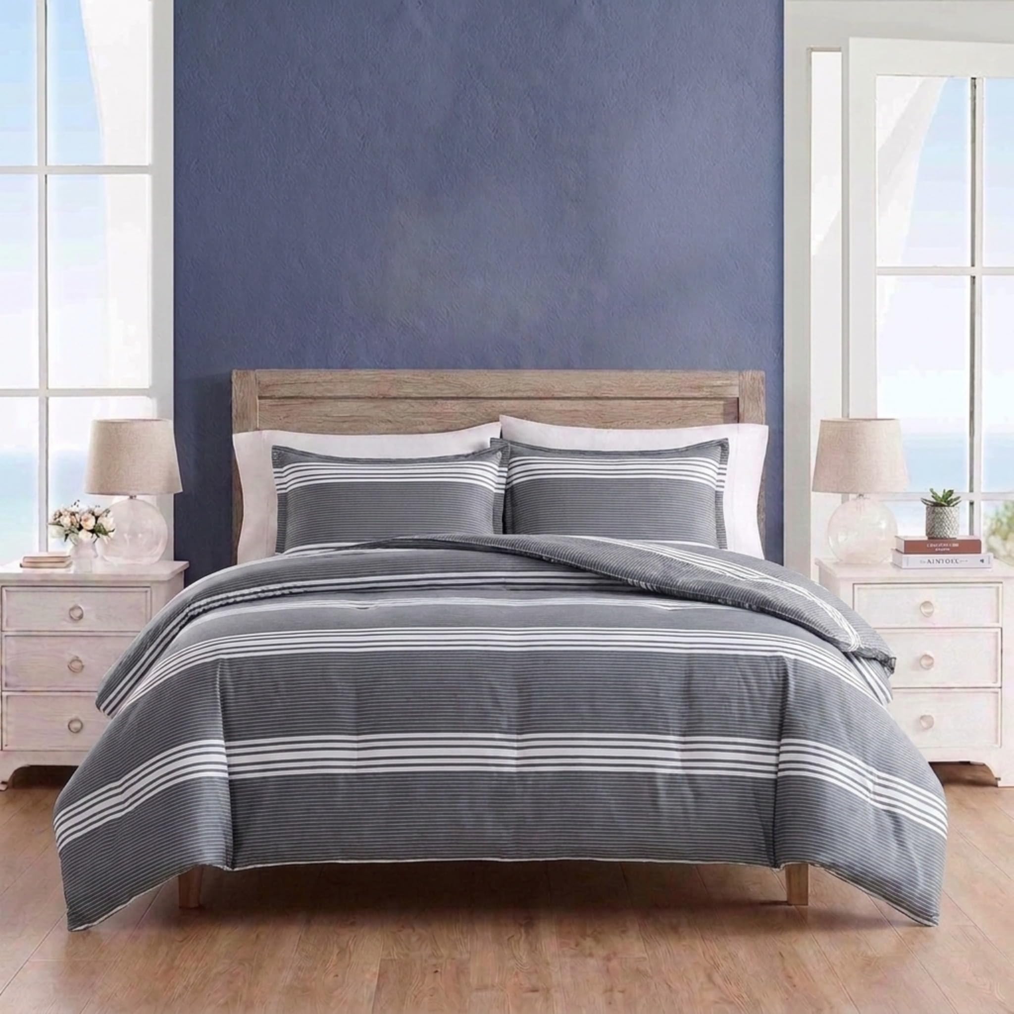 Nautica | 100% cotone accogliente e morbido, durevole e traspirante a righe e federe coordinate, grigio, Twin XL