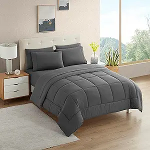 RV Short Queen Comforter Set for RV Camper - Comforter Set with Fitted & Flat Sheet, 4 Pillowcases - Tailored for RV Short Queen Beds - Cozy Essentials for Your RV Bedroom, Gray