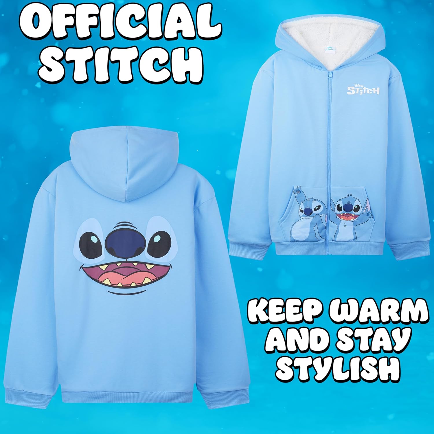 Disney Stitch Hoodie for Girls Teens, 6-14 Years, Fleece Sweatshirt Sherpa Hooded Jacket Zip Up Hoodie, for Girls