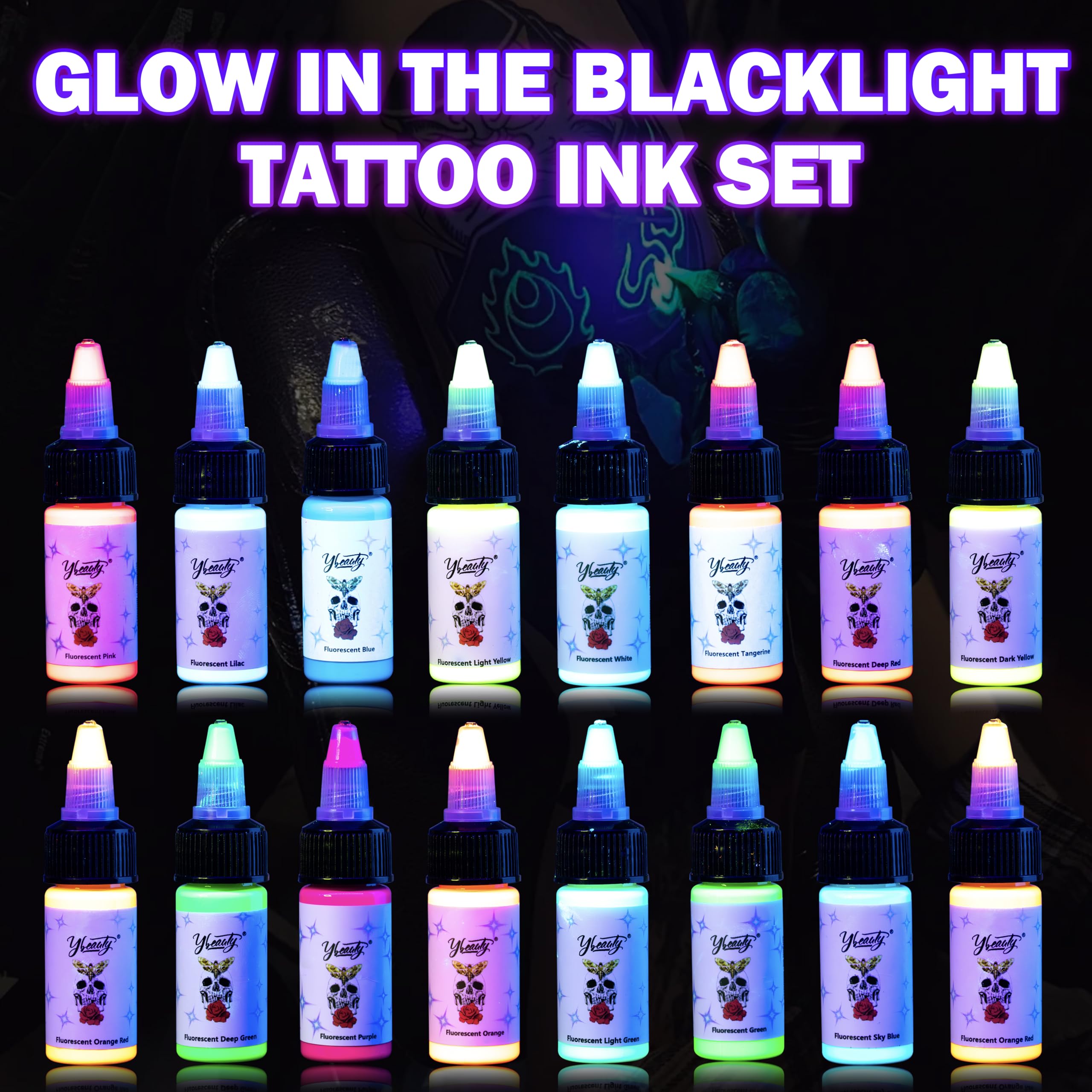 Tattoo Ink Set - Tattoo Inks Pigment Kit, 8 Color 1/2oz 15ml/Bottle Professional Tattoo Fluorescent Ink & Tattoo Equipment for Halloween Supplies (1/2 oz(15ml), 8Color): 16Color 1/2 fl.oz (15 ml)