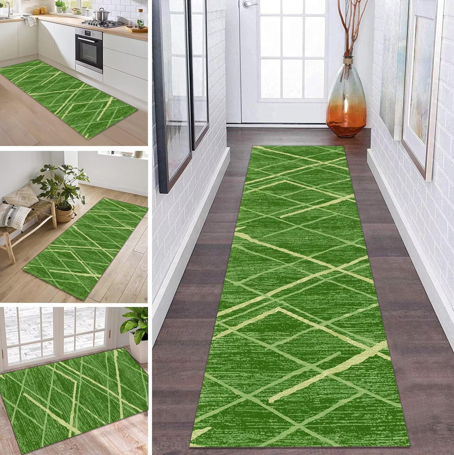ZDYHMrj Lange loper, voor hal en keuken, antislip, wasbaar, tapijtmatten, groen, Marokko, keukenloper, 40 x 60 cm, tapijtloper, slaapkamer, per meter, entree-deurmat, woonkamer, halloper