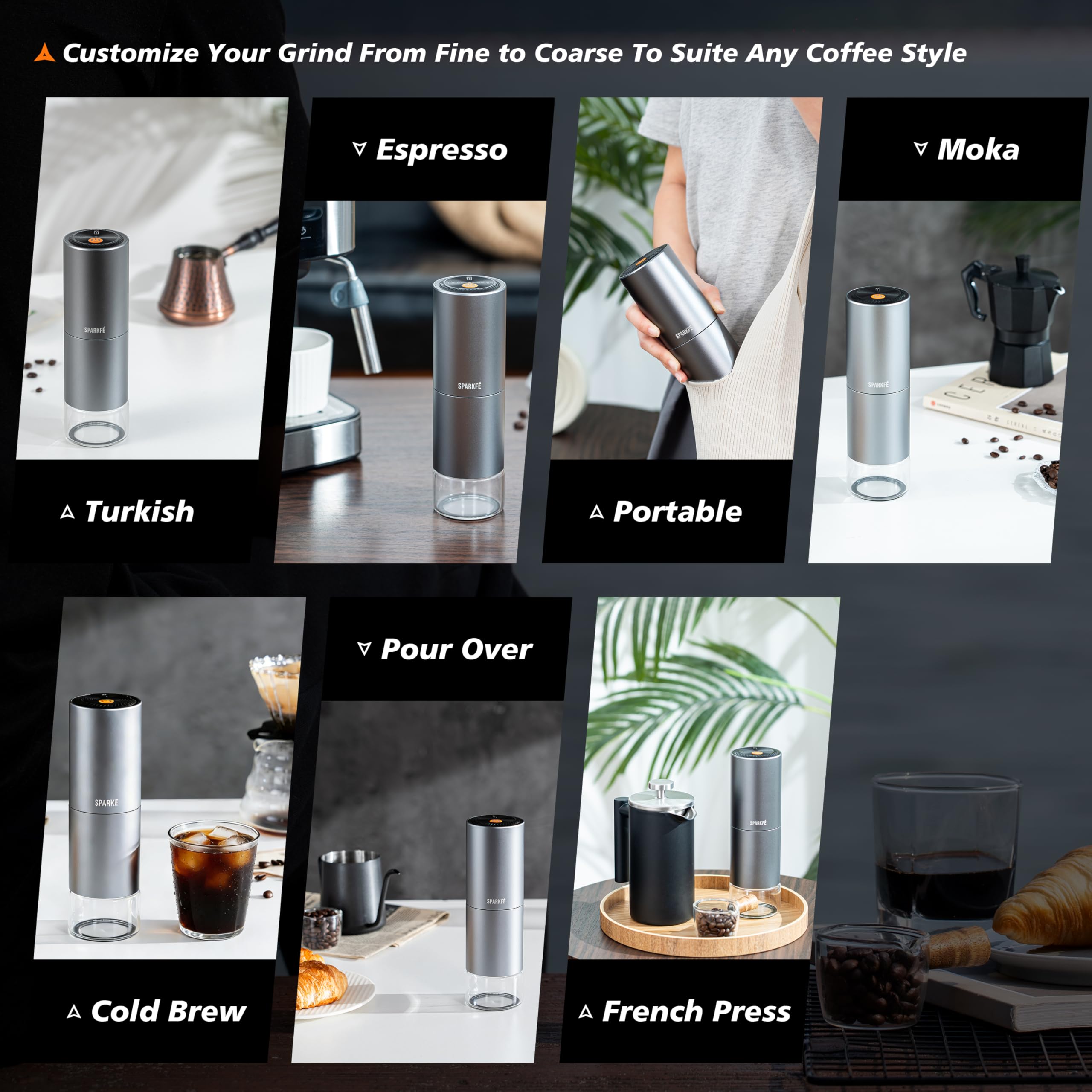 Molinillo de café eléctrico portátil, molinillo de mano recargable con rebaba cónica de acero inoxidable, ajustes de molienda ajustables, para espresso, moka, vertido, prensa francesa