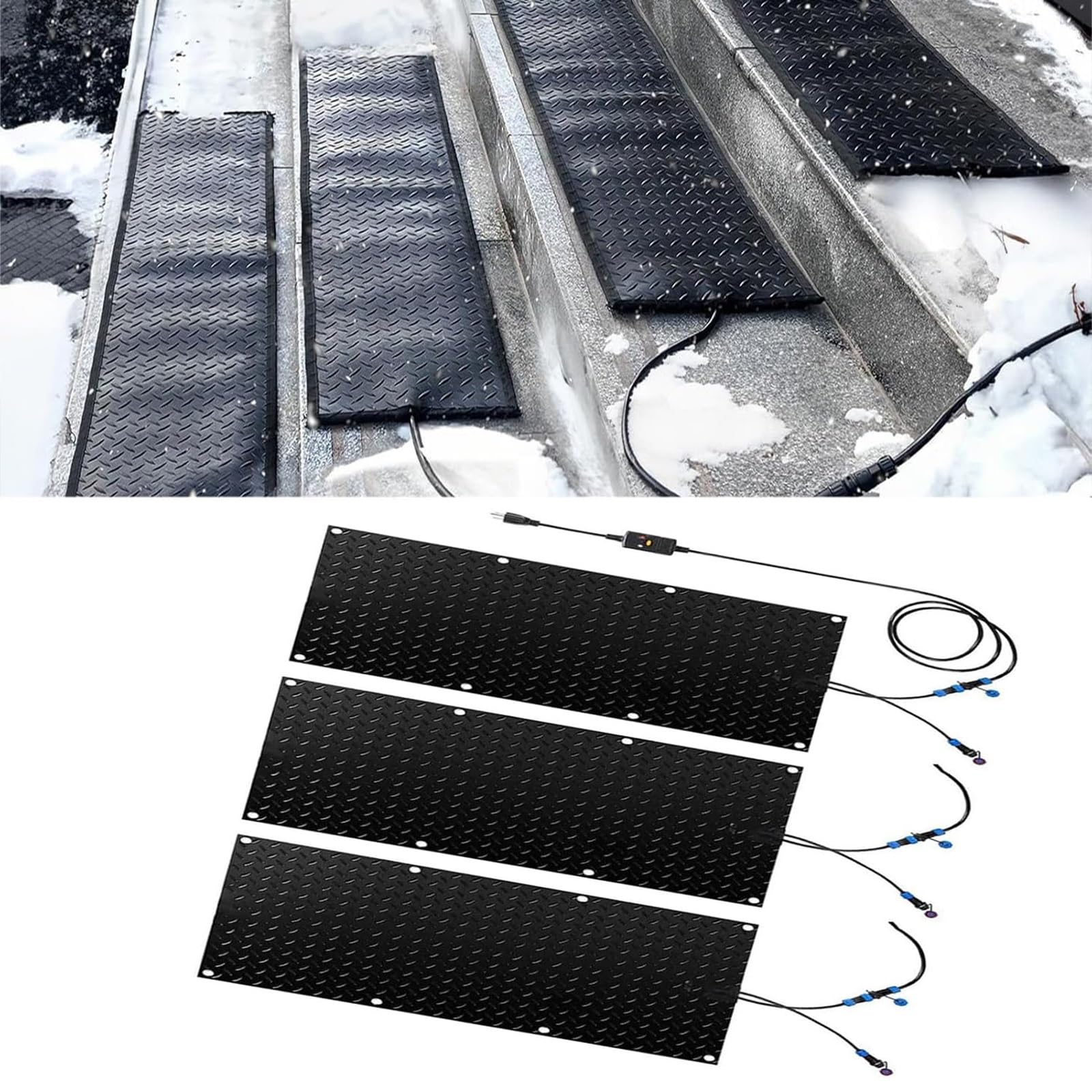 Lot de 3 tapis de fonte de neige électrique antidérapant – Tapis chauffant en caoutchouc imperméable pour escaliers extérieurs, portes et allées (30 x 60 cm)