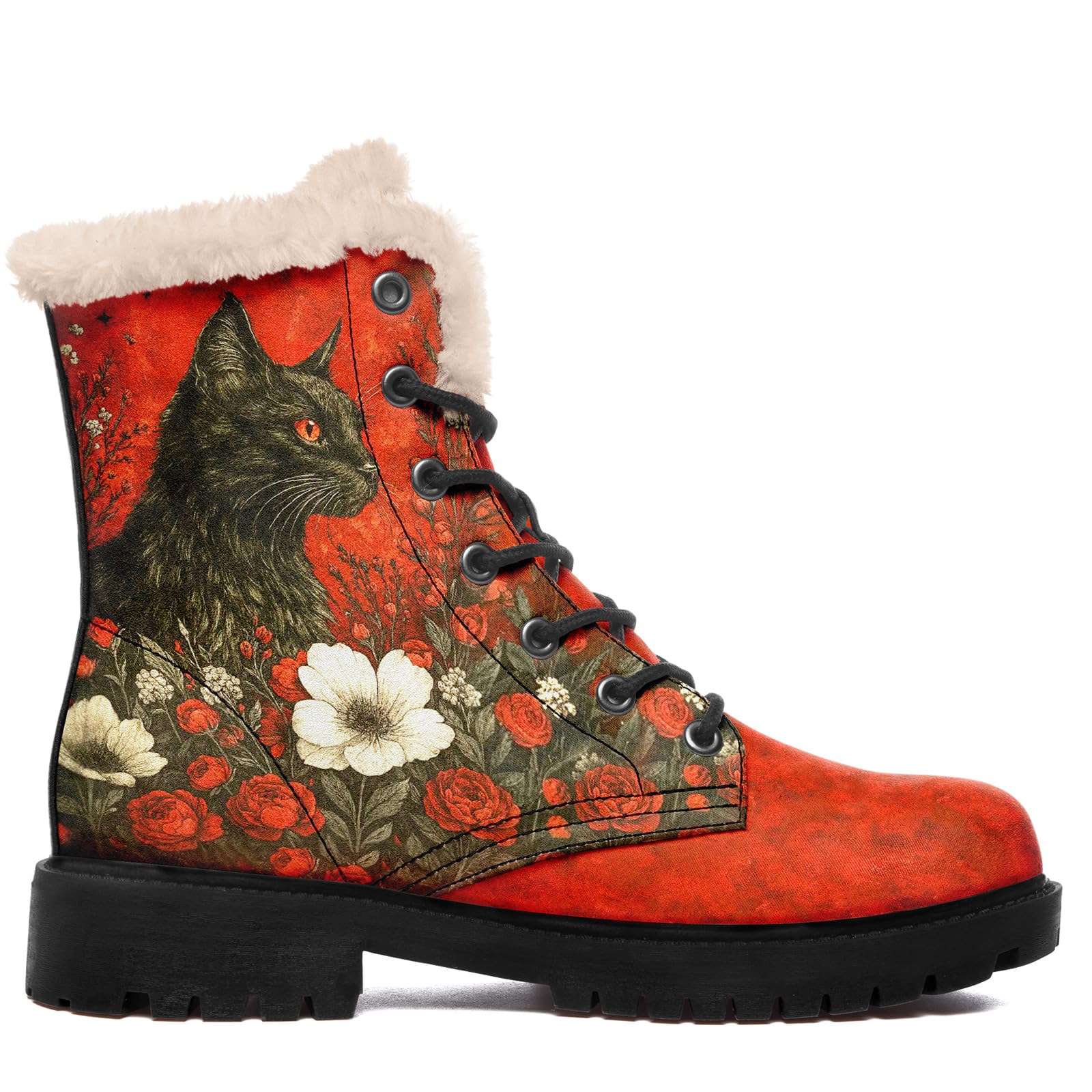 Womens Winter Combat Boots Faux-Fur Lined Warm Snow Boots Lace Up Vegan Leather Animal Print Cozy Ankle Booties