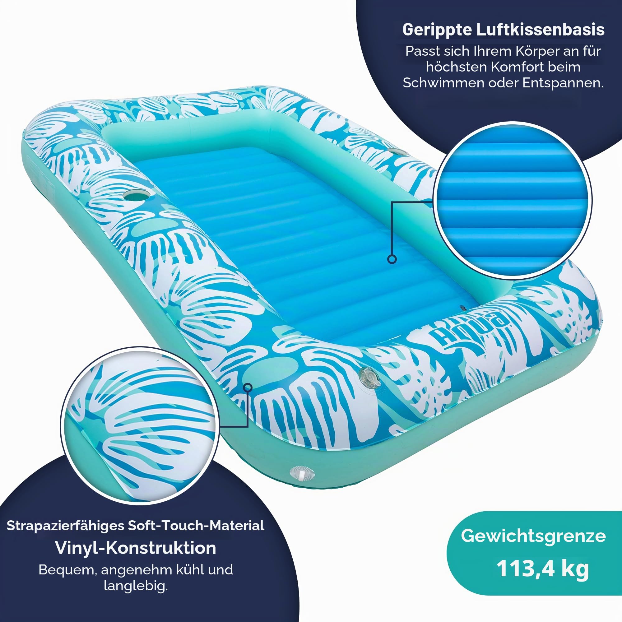 Aqua Aufblasbare Sonnenliege, Premium Pool Float mit Becherhaltern und abnehmbarem Kissen für Entspannung und Spaß