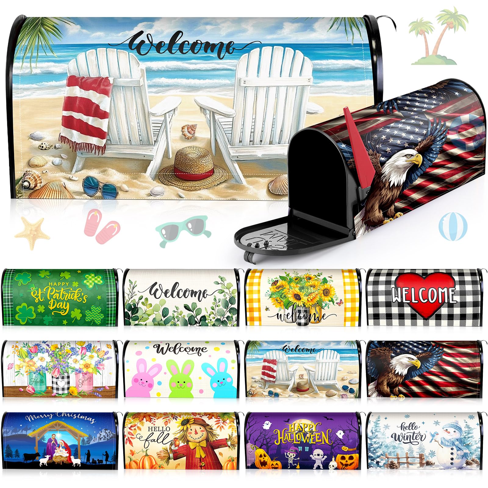 Teenyyou 12 Pcs Seasonal Magnetic Mailbox Covers Standard Size 18 x 21 Inch Summer Beach Mailbox Cover Magnetic Post Letter Box Wrap Decoration for Summer Holiday Garden Yard Home Outdoor Decor