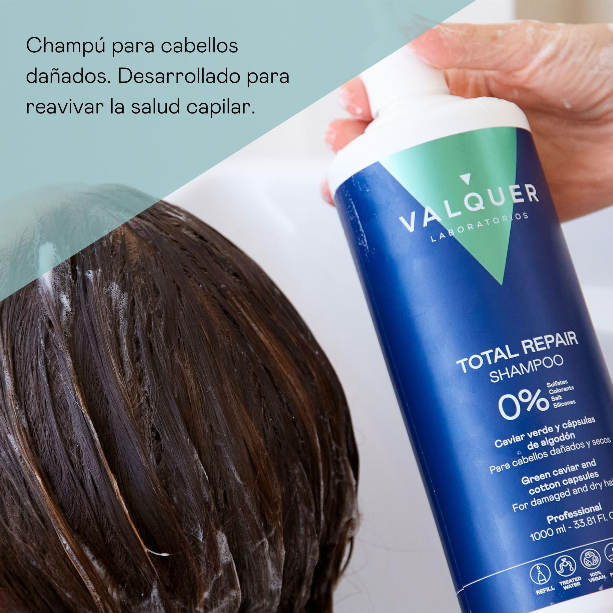 Valquer Champú Total Repair Zero. Repara, Suaviza e Hidrata el Cabello Dañado y Seco. Hidratación Intensa y Nutritiva. Con Caviar Verde, Panthenol, Vitamina E y Cápsulas de Algodón. Vegano. 1 L.