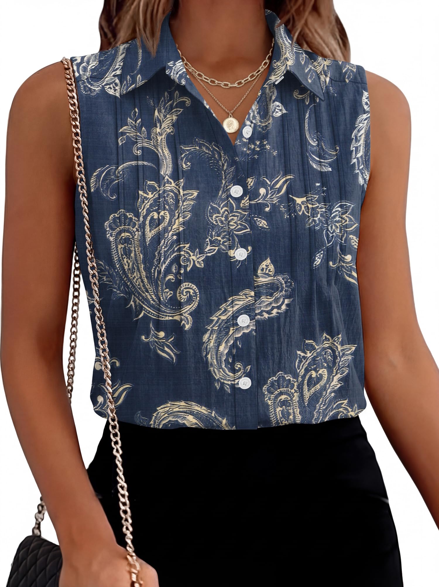 Rapbin Bluse Damen Sommer Baumwolle Ärmelloses Shirt Elegant Sommerbluse Damenblusen Geschäft Blusenshirt Mit Plissé-Front Lässige Tanktops