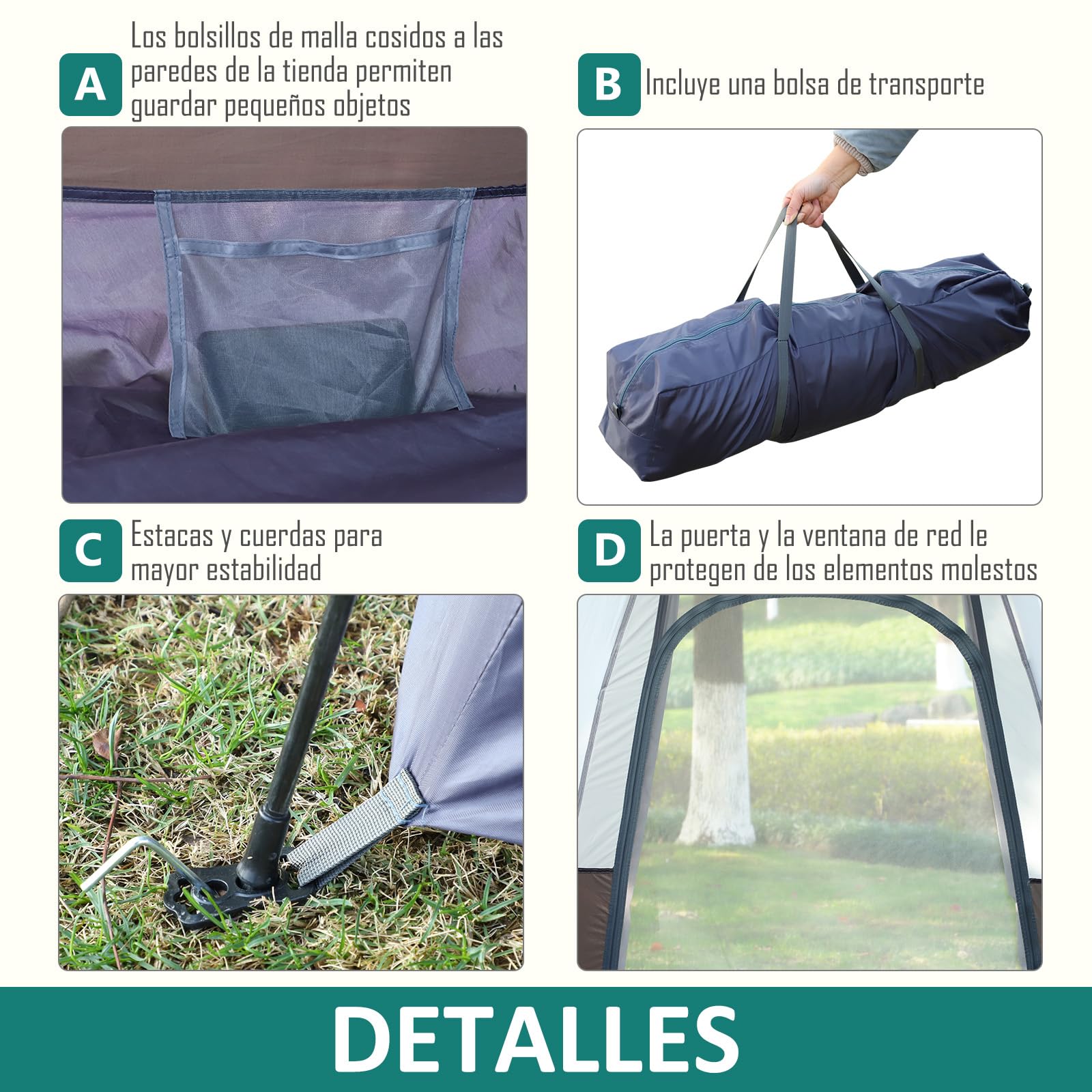 Outsunny Tienda de Campaña para 3-4 Personas Tienda de Camping Plegable con 2 Puertas Impermeable 3000+ Anti-UV Poste Automático Gancho y Bolsas para Senderismo Playa 260x260x150 cm Gris y Negro