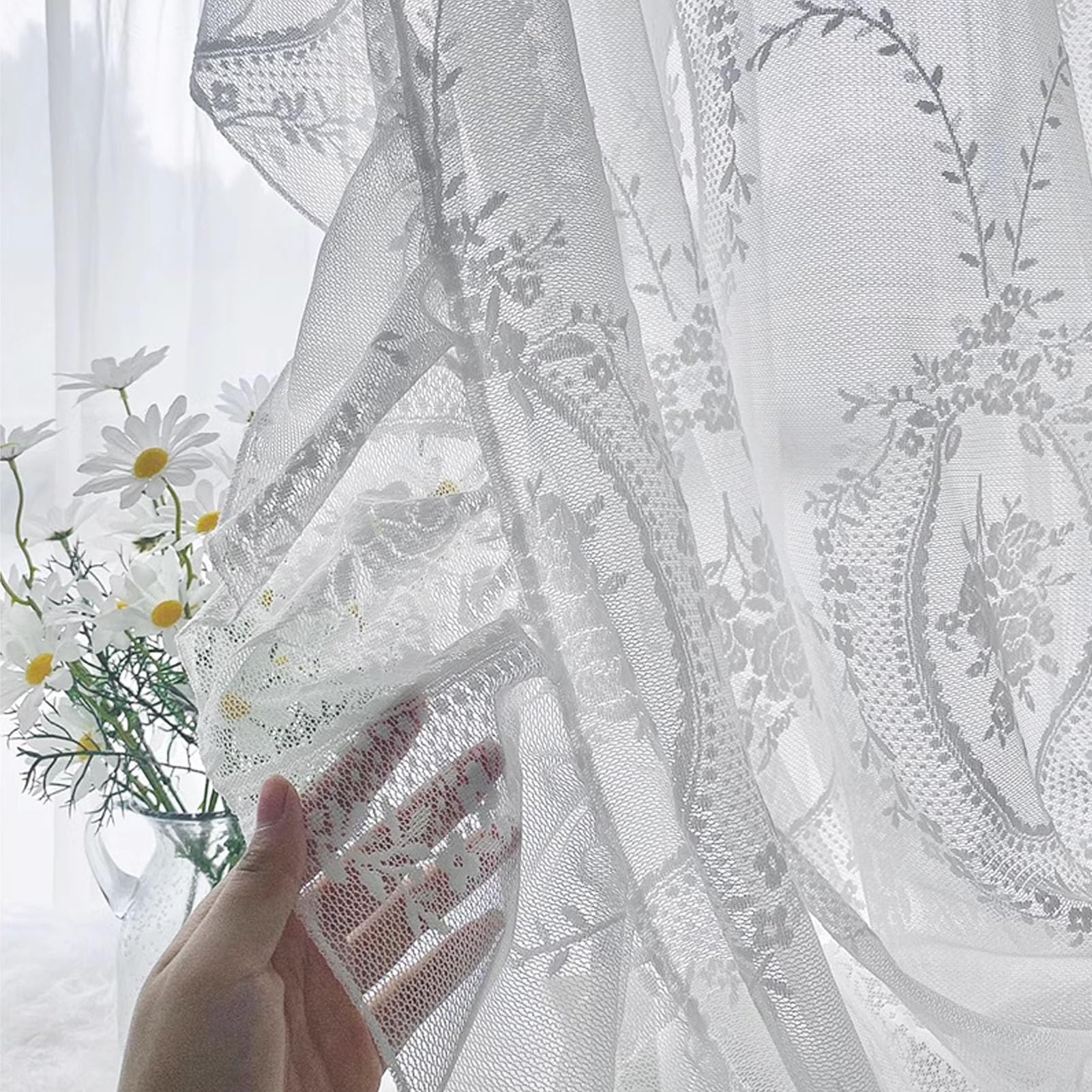Rideaux en Dentelle Brodée de Fleurs de Style Romantique Français, Long Traitement de Fenêtre Vintage Shabby Chic avec Bord à Volants Festonnés, pour Balcon de Jardin, 1 Panneau