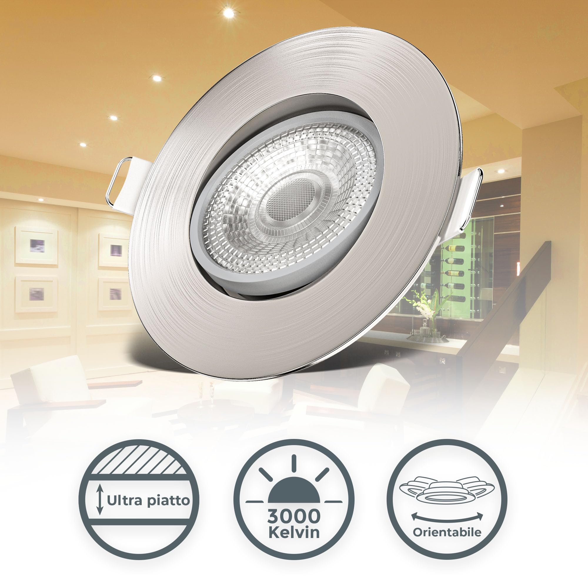 B.K.Licht - Set di 12 faretti LED da incasso 230V orientabili, piatti, luce bianca calda, faretti incasso, faretti led interno incasso, faretto led incasso, 90 x 24 mm, nichel opaco