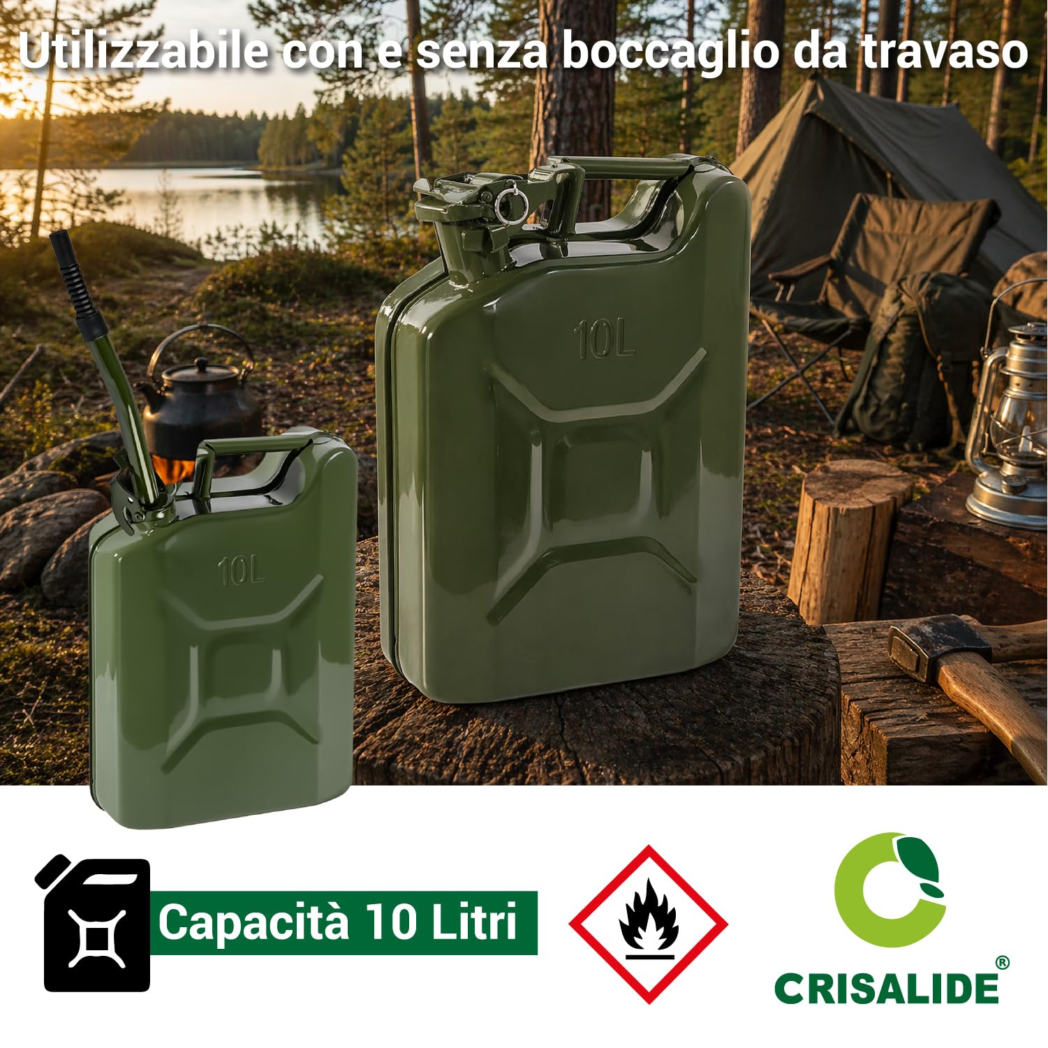 Crisalide® - Bidón de combustible de acero, 5 l, 10 l, 20 l con boquilla de transporte, homologado para transporte de gasolina y gasóleo, antioxidante, cierre hermético, bidón de gasolina de metal (10