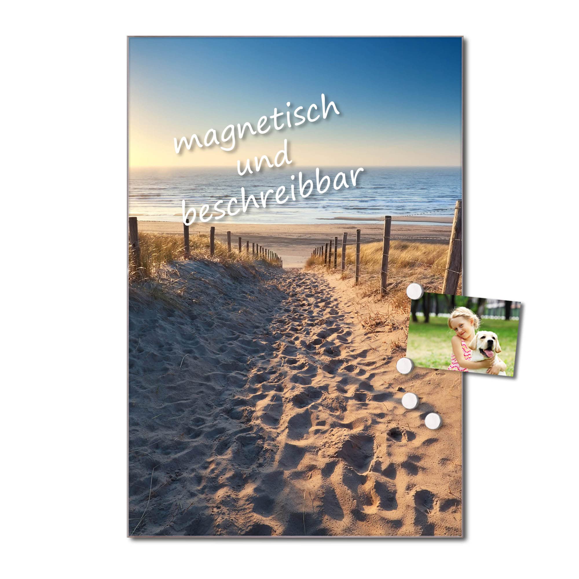 banjado Magnetpinnwand aus Glas 30x45 mit Strand und Meer für Notizen | Maritimes Memoboard für Termine und Erinnerungen, mit Motiv Nordseestrand vom Meer