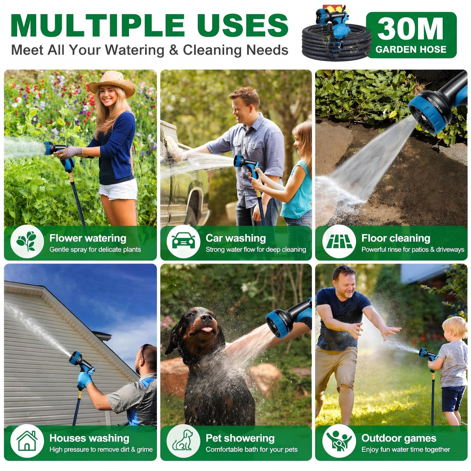 Tuyau d'arrosage extensible Pgtc 30m/100ft, Tuyau d'eau flexible triple couche, Pistolet de pulvérisation à 10 fonctions avec raccords 3/4" et 1/2", Tuyau d'arrosage rétractable extra-long léger pour