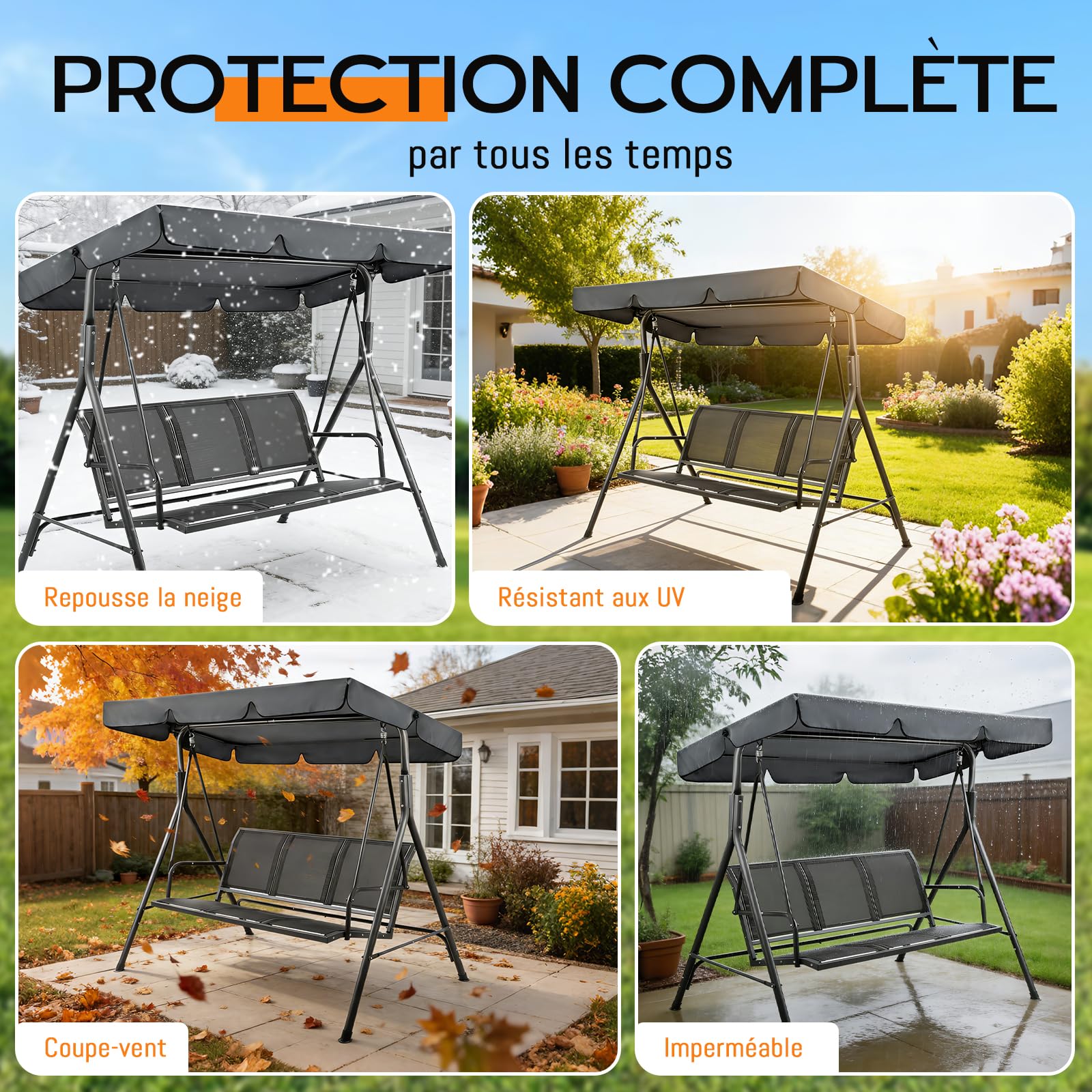 Toit de Rechange pour Balancelle de Jardin, Toile de Balancelle de Jardin 3 Places, Imperméable Protection UV Housse de Rechange Toit de Balançoire (210x145cm)