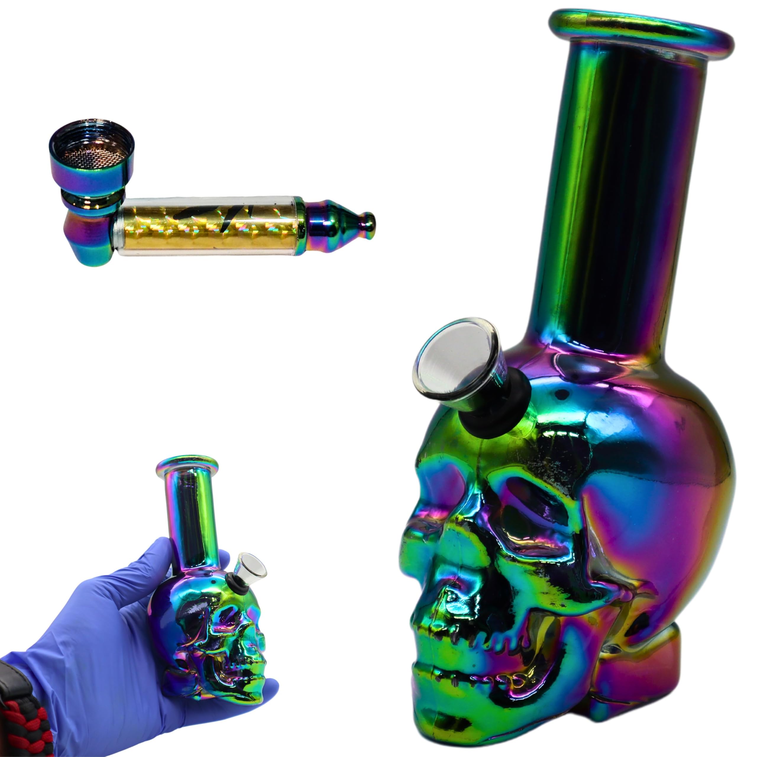 Exclusive 3 in 1 Smoking Set Kit Bundle, Multicolour Skulls Glass Bong Hookah │ Metal Pipe │ Steel Mesh/Filter in Presentable Gift Box, Dismantleable Detachable, Easy to Clean