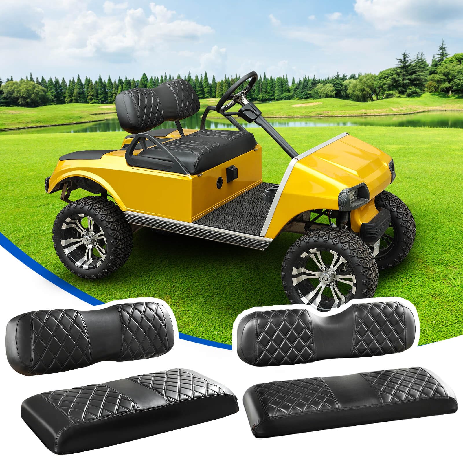 NOKINS 4PCS Golf Cart Diamond Seat Covers Kit, Front and Rear Seat Covers Fits Club Car DS 2000.5-Up Standard Seat Cushion, Club Car DS Vinyl Seat