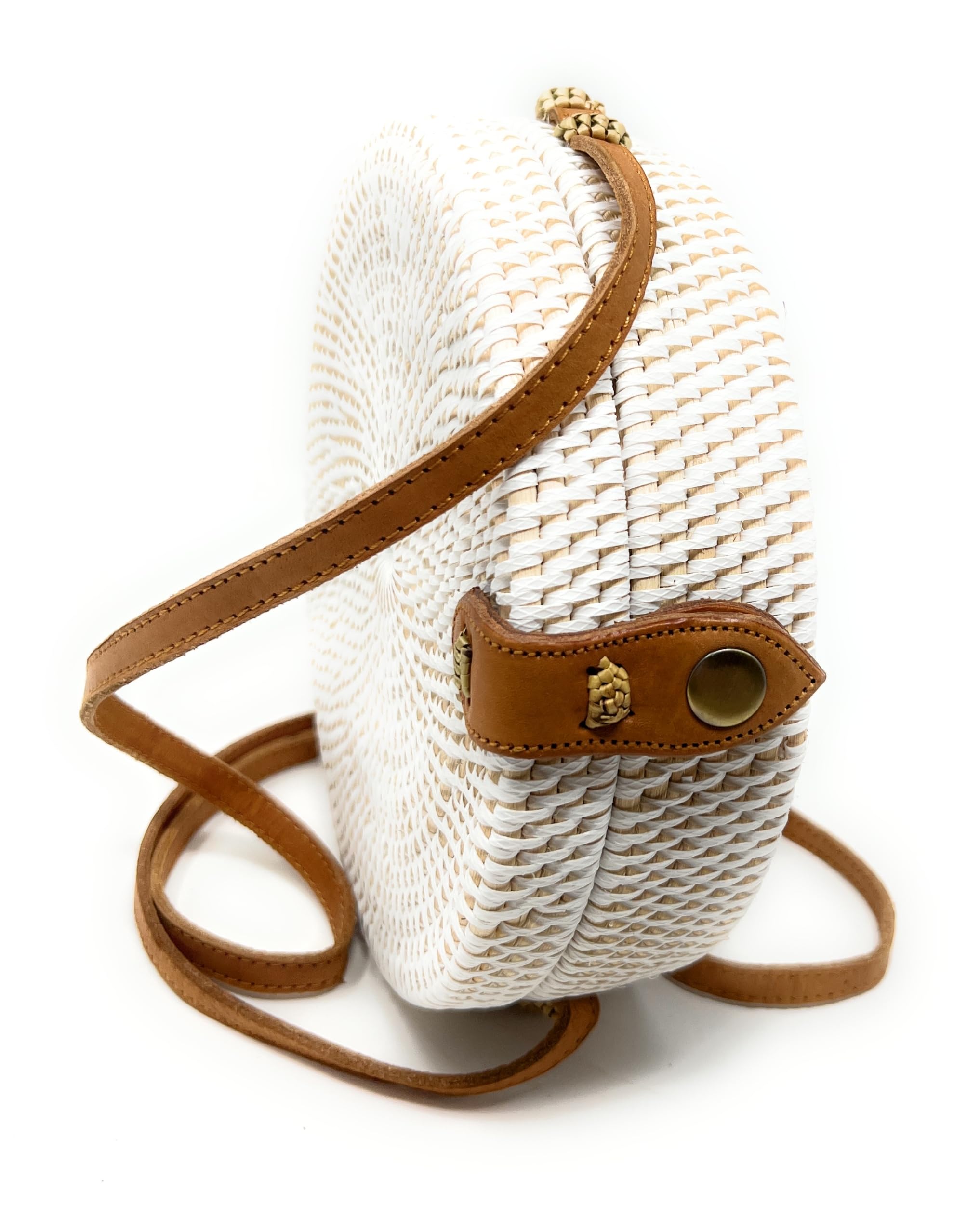 Bolsa de mimbre redonda blanca con correa de piel larga trenzada para mujer, bolso cruzado, 20 cm, Blanco
