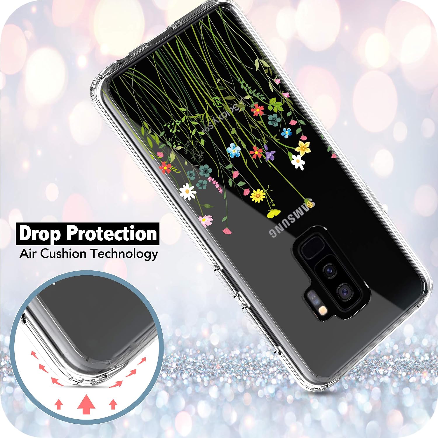 RANZ Galaxy S9 Plus Case, Anti-Scratch Shockproof Series Clear Hard PC+ TPU Bumper Protective Cover Case for Samsung Galaxy S9+ (6.2 inch) - Floral