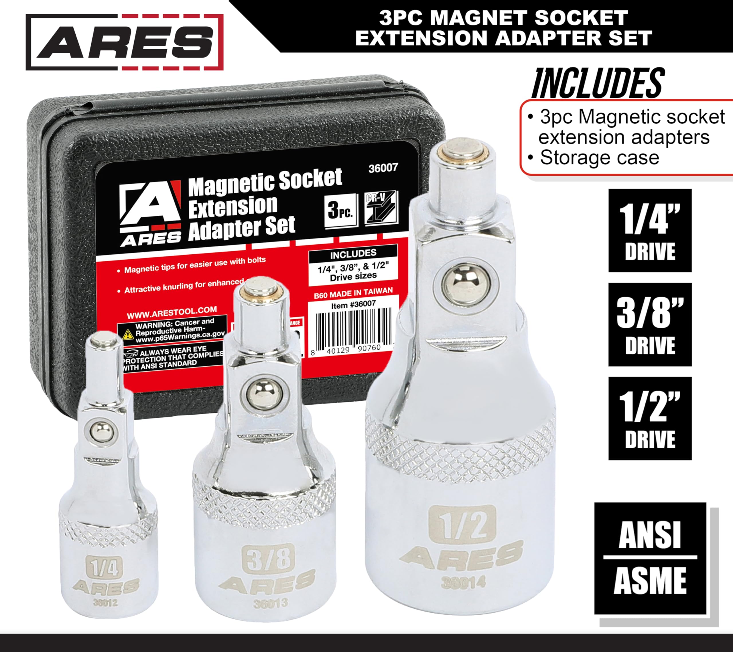 ARES 36007-Juego de adaptadores de extensión de enchufe magnético de 3 piezas, adaptadores cuentan con puntas magnéticas para uso con pernos, 1/4 pulgadas, 3/8 pulgadas y 1/2 pulgadas