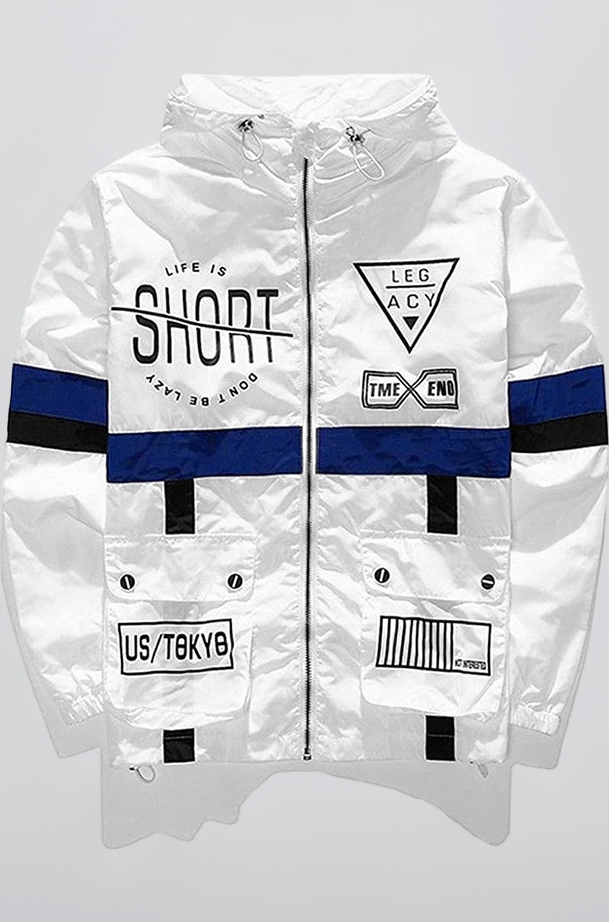 Men's Fashion Lightweight Hooded Zip-up Letter Windbreaker Jacket (Medium, White)