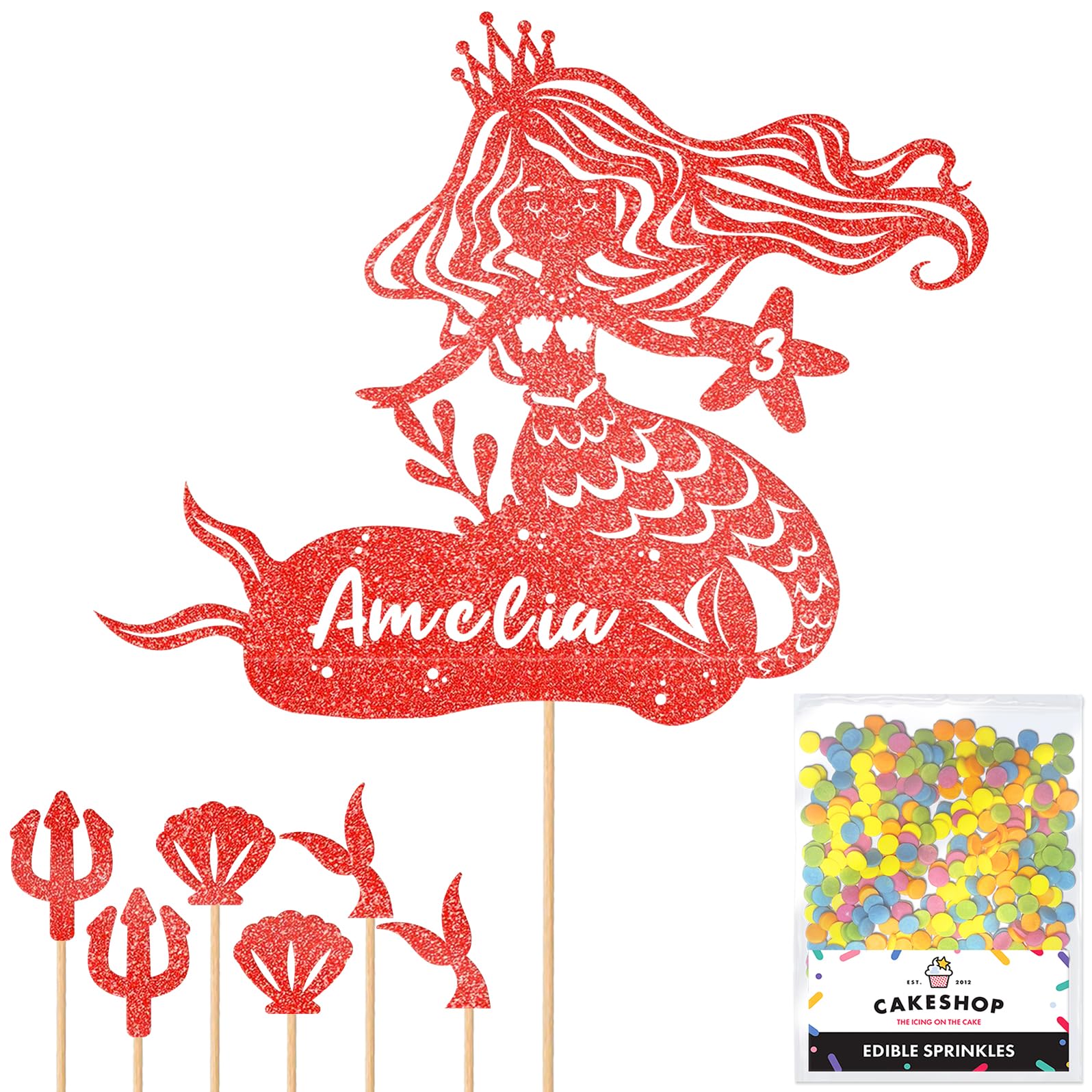 Personalised Birthday Mermaid Glitter Cake Topper- Red Any Custom Age & Name Glitter Cake Decoration and Sprinkles - Happy Birthday Decorations - Personalised Toppers for Cakes by Cakeshop โ image 1