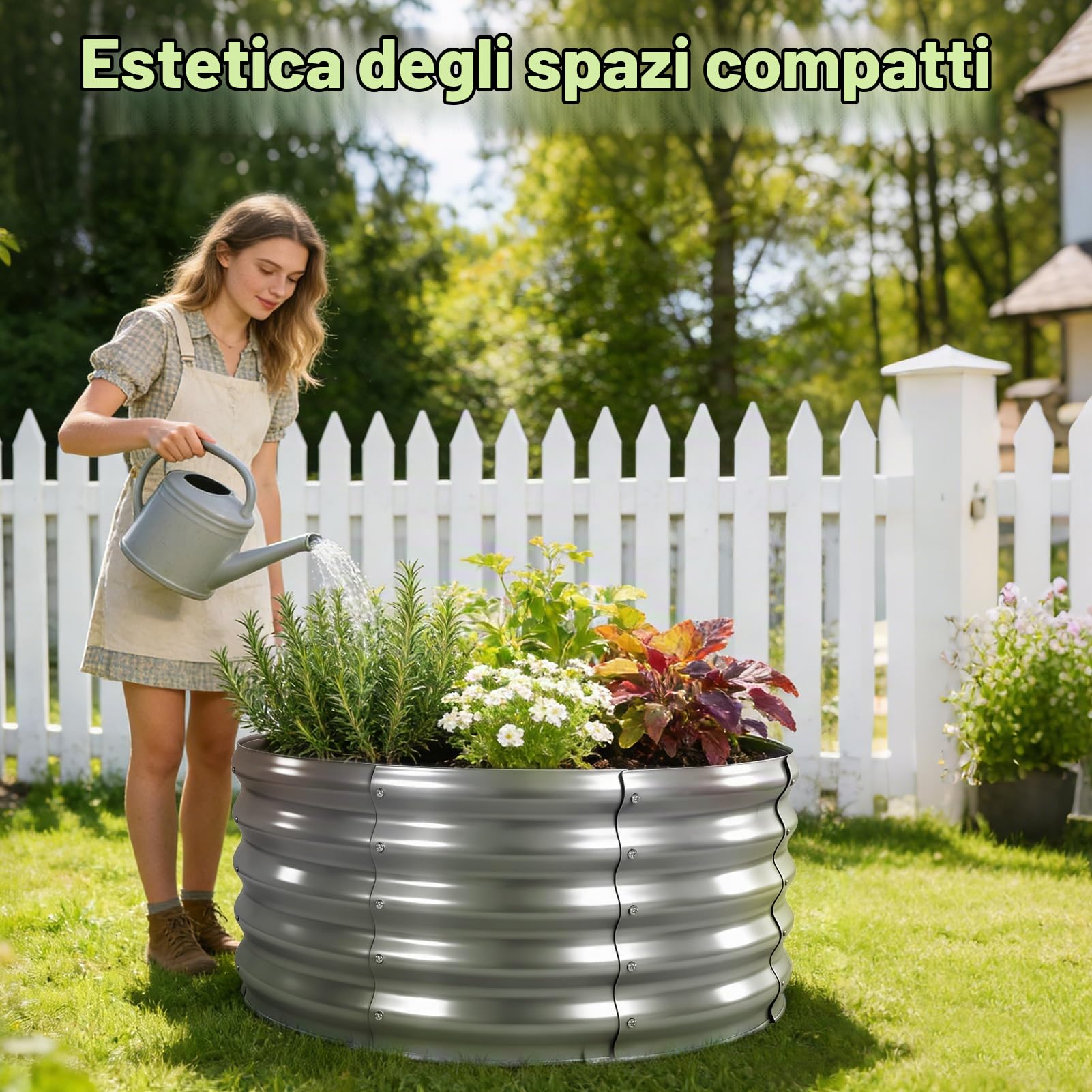 Aiuola rialzata in metallo 90 x 90 x 43 cm, aiuole rialzate in acciaio zincato per il giardino, aiuola per orto, aiuola rialzata per verdure, erbe aromatiche, fiori, argento, rotonda