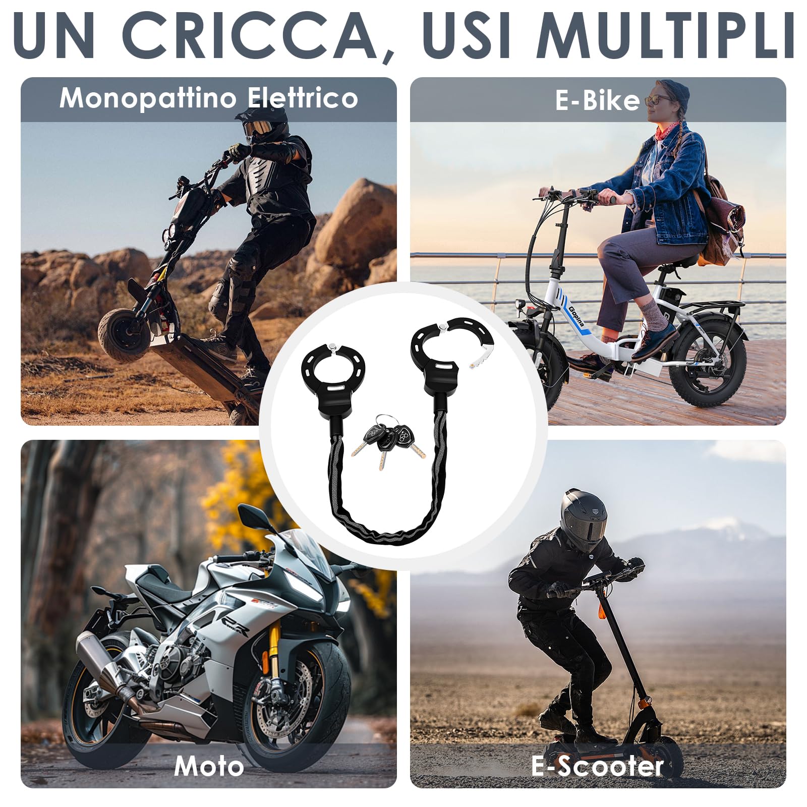 Lucchetto Monopattino Elettrico, Catena Monopattino Elettrico con Copertura Protettiva in Silicone, Antifurto Monopattino Elettricos con Chiave per Scooter, Biciclette, Passeggini