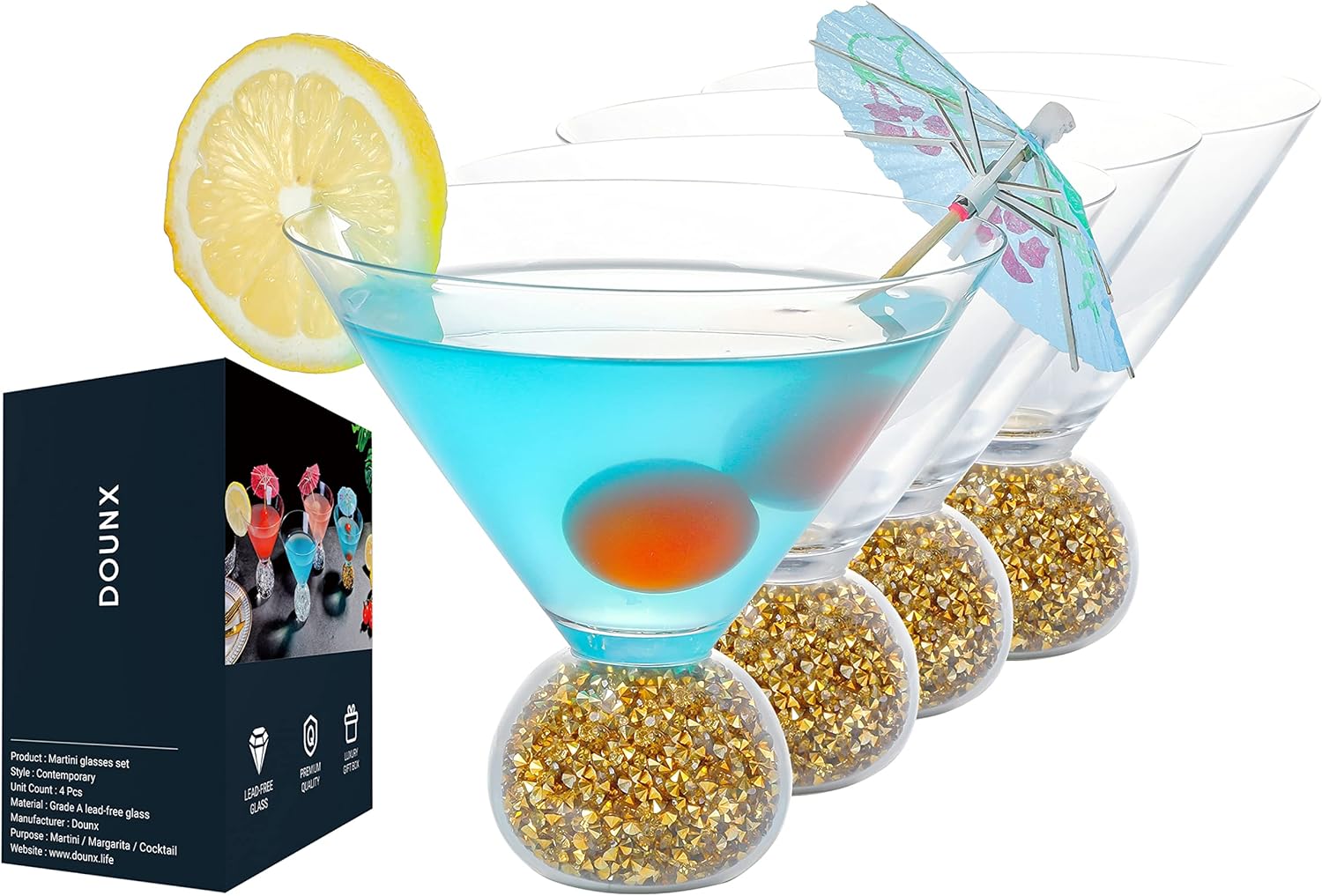 Dounx Stemless Martini Glasses Set of 4, 8oz Cocktail