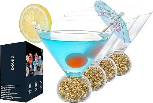 Miniatura 1 de Dounx Juego de 4 vasos de Martini sin tallo de 10 onzas de borde ancho, diamantes triturados dorados rellenos de base de bola, perfectos como vidrio
