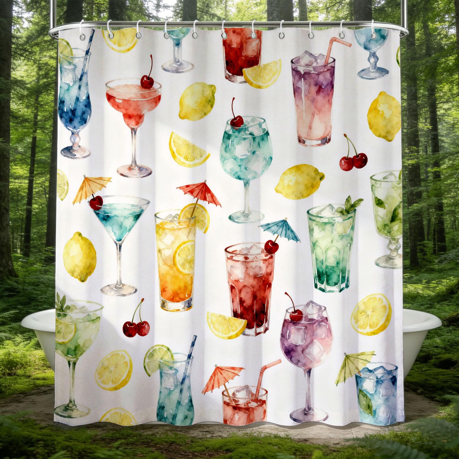 Hongduo 3D Cocktail Shower Curtain for Stalls Bathtubs Watercolor Bathroom Decor Shower Curtain Set Polyester Fabric Waterproof 180x180cm/71X71 Inch with Hooks