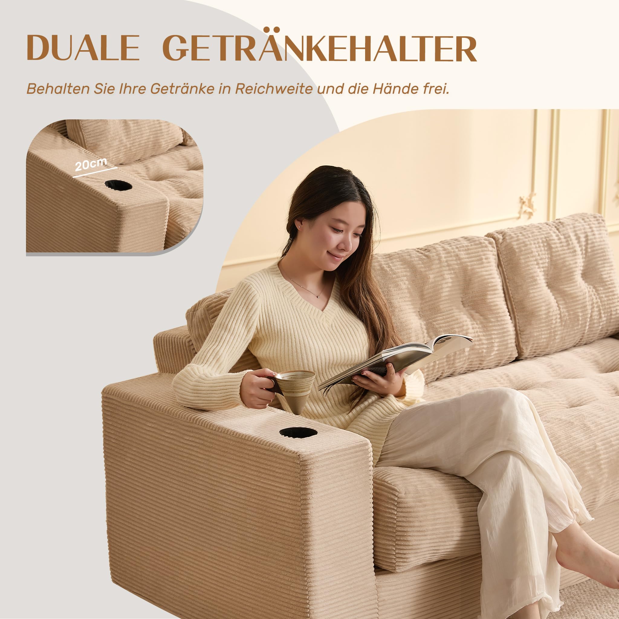Bodensofa 3-Sitzer 190 cm, Cord Sofa ohne Gestell mit Kissen, 2 Getränkehaltern & breiten Armlehnen, Lounge Sofa für Wohnzimmer, kleine Wohnungen & Studenten, kein Aufbau erforderlich (Hellbraun)