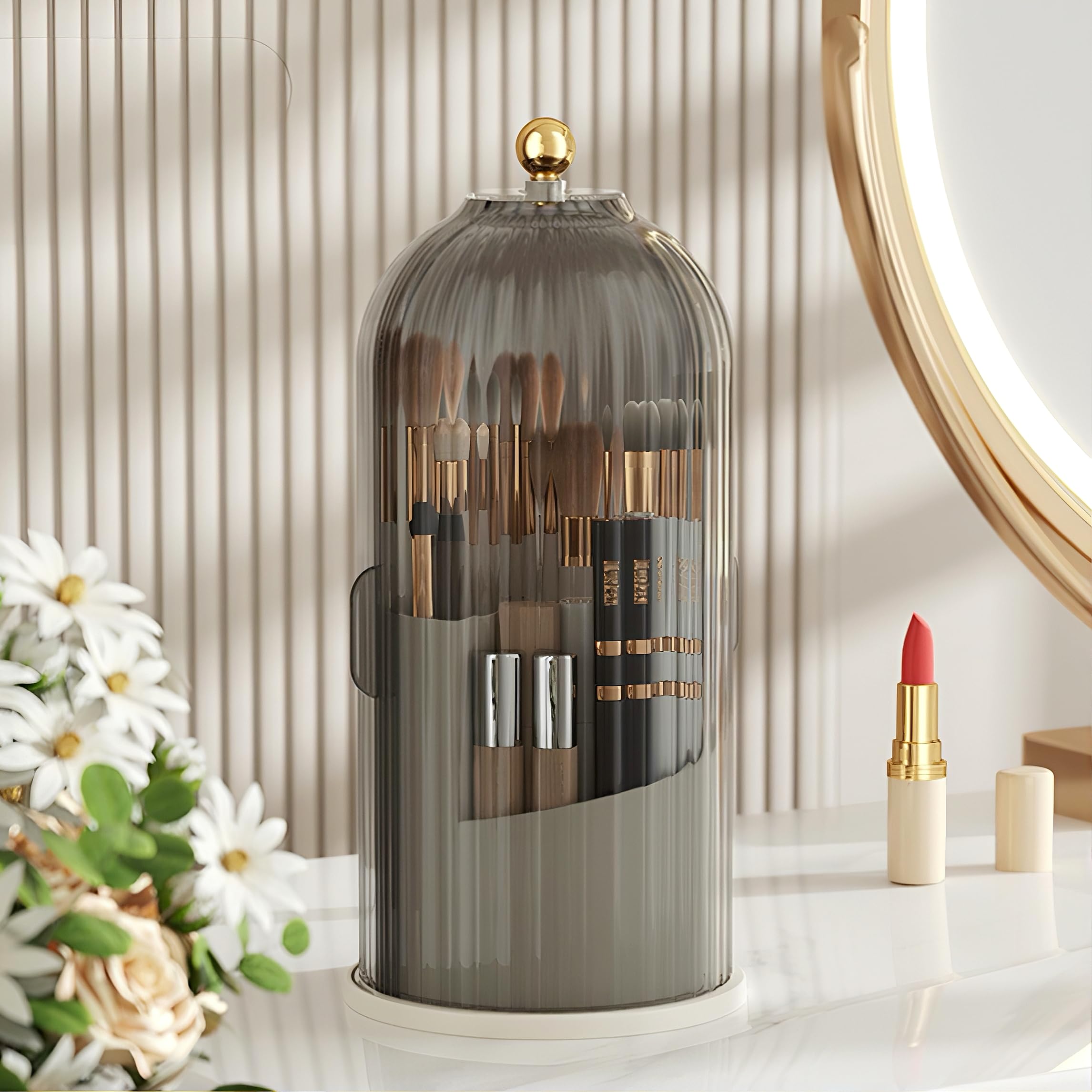 Lyoveu B-H1 Makeup Brush Holder with Dustproof Cover 360 Rotating Makeup Brushes Organizer for Vanity Desktop Bathroom (Gray)