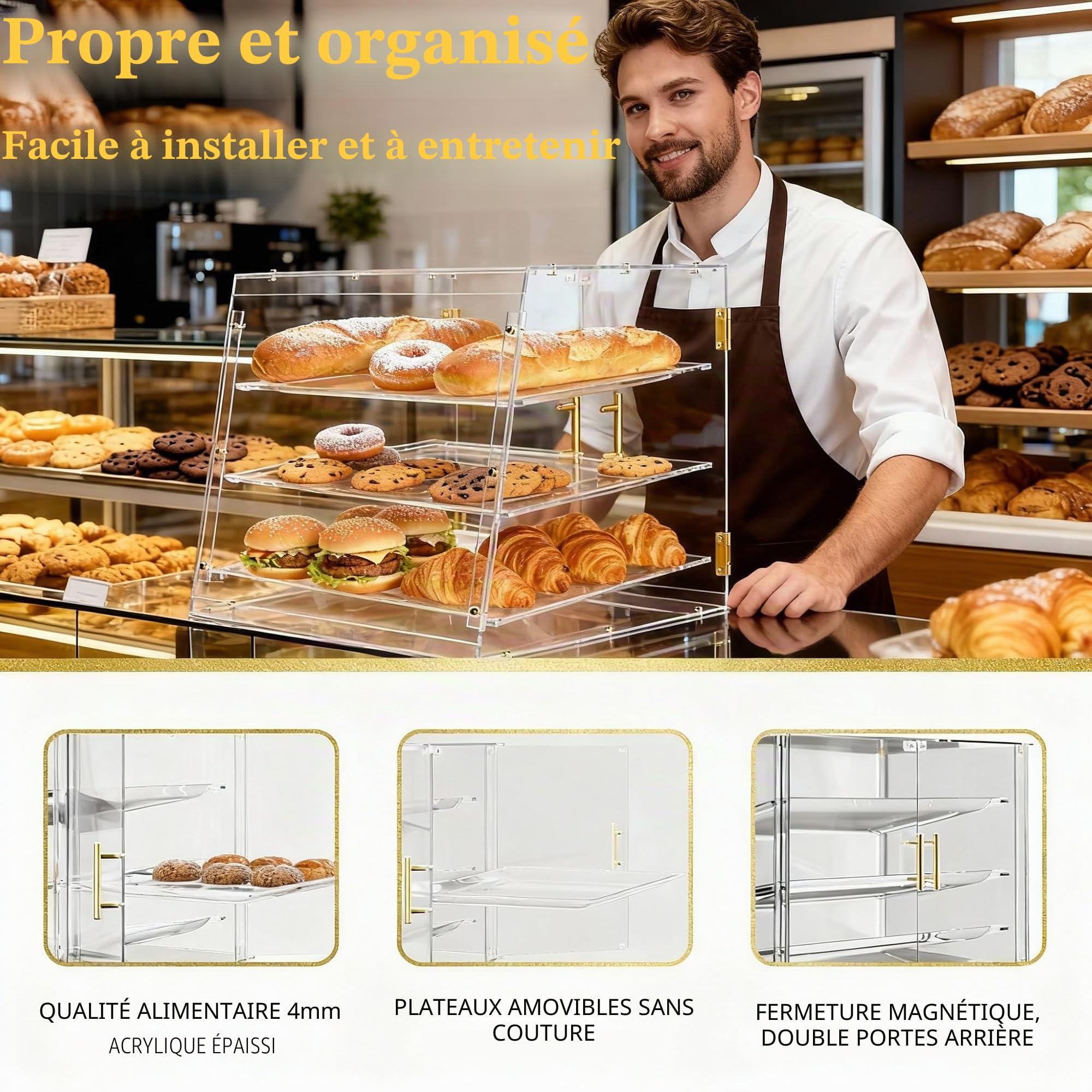 Vitrine commerciale de boulangerie avec portes magnétiques arrière, 53 x 43,5 x 42,6 cm, présentoir à pâtisserie, vitrine pour gâteaux, beignets